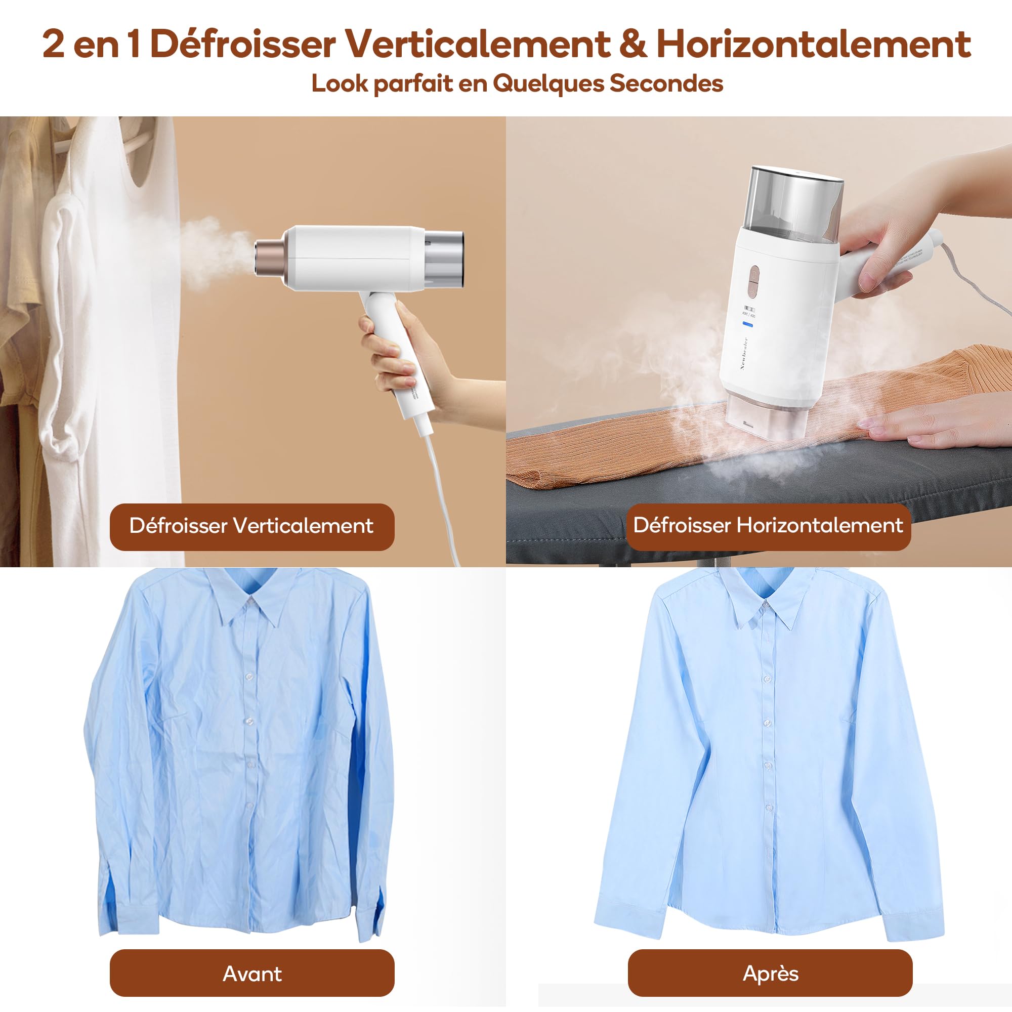Newbealer Défroisseur Vapeur, Défroisseur de Voyage Double Tension - 220V/120V, 1200W Fer à Repasser à Main avec Réservoir d'Eau Détachable de 180ml, Horizontale et Verticale, Chauffe Rapide en 20s