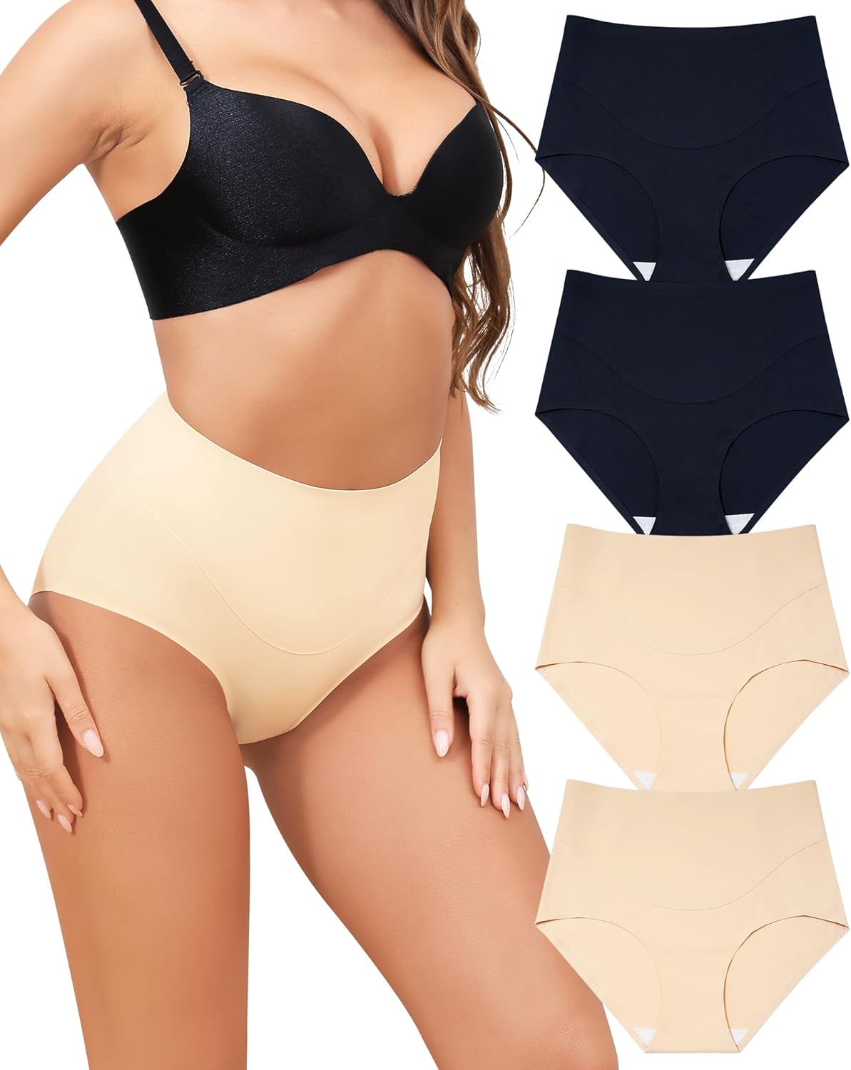 LEVAO Women Tummy Control Panties High Waist Seamless Underwear Full Coverage Brief No Show Postpartum Panties 4 Pack S-XXL (4 Pack)multicolor B Medium