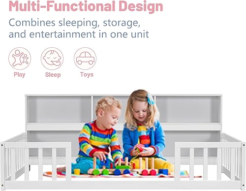 Miniatura 3 de Cama de suelo de tamaño individual para niños, camas Montessori de madera con rieles de valla y estantes de almacenamiento, marco de cama infantil