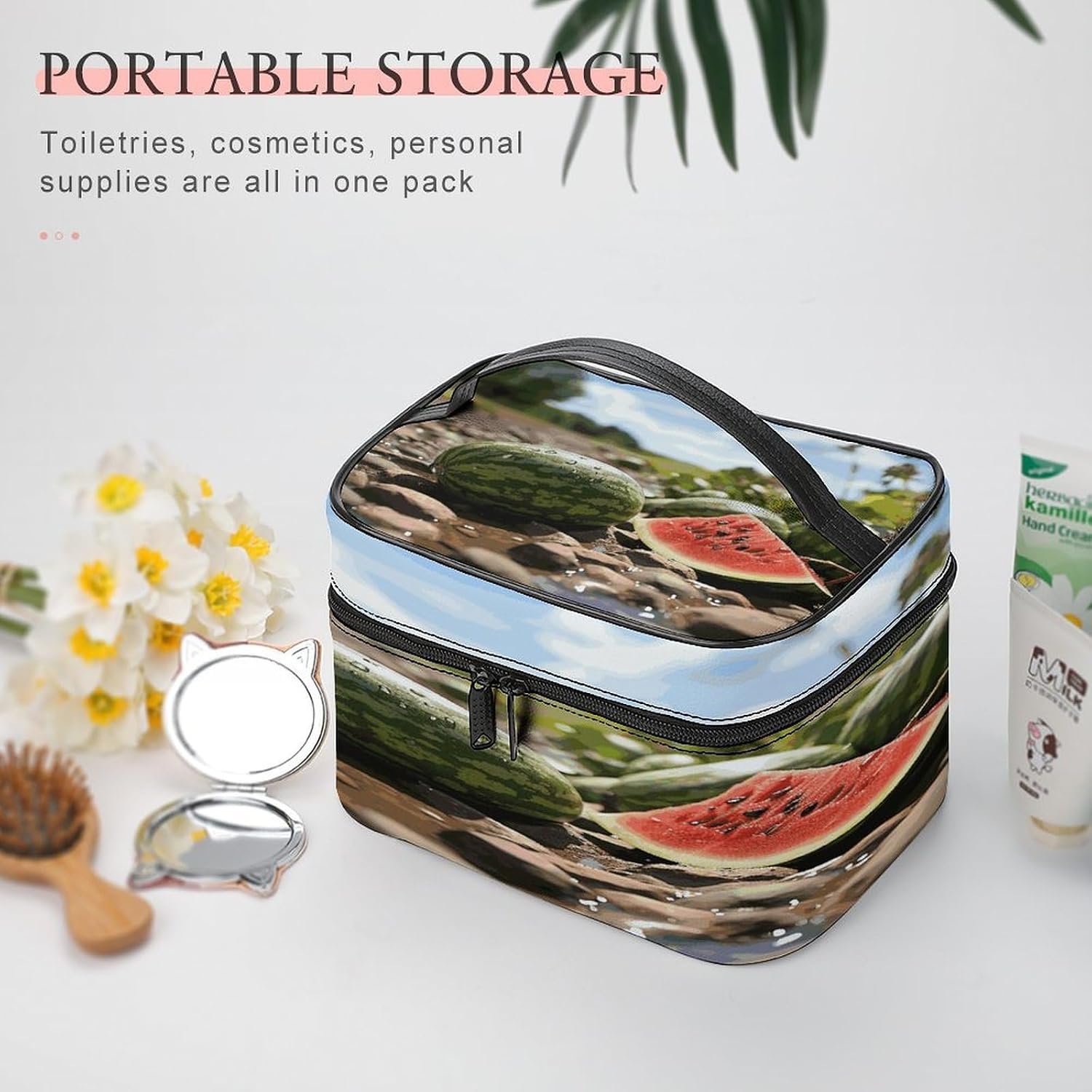 Watermelon on The Ground Travel Makeup Bags Large Capacity Cosmetic Bag for Women Portable Makeup Artist Organizer Bags Waterproof Make Up Bag Lightweight Hand-held Makeup Case image 5
