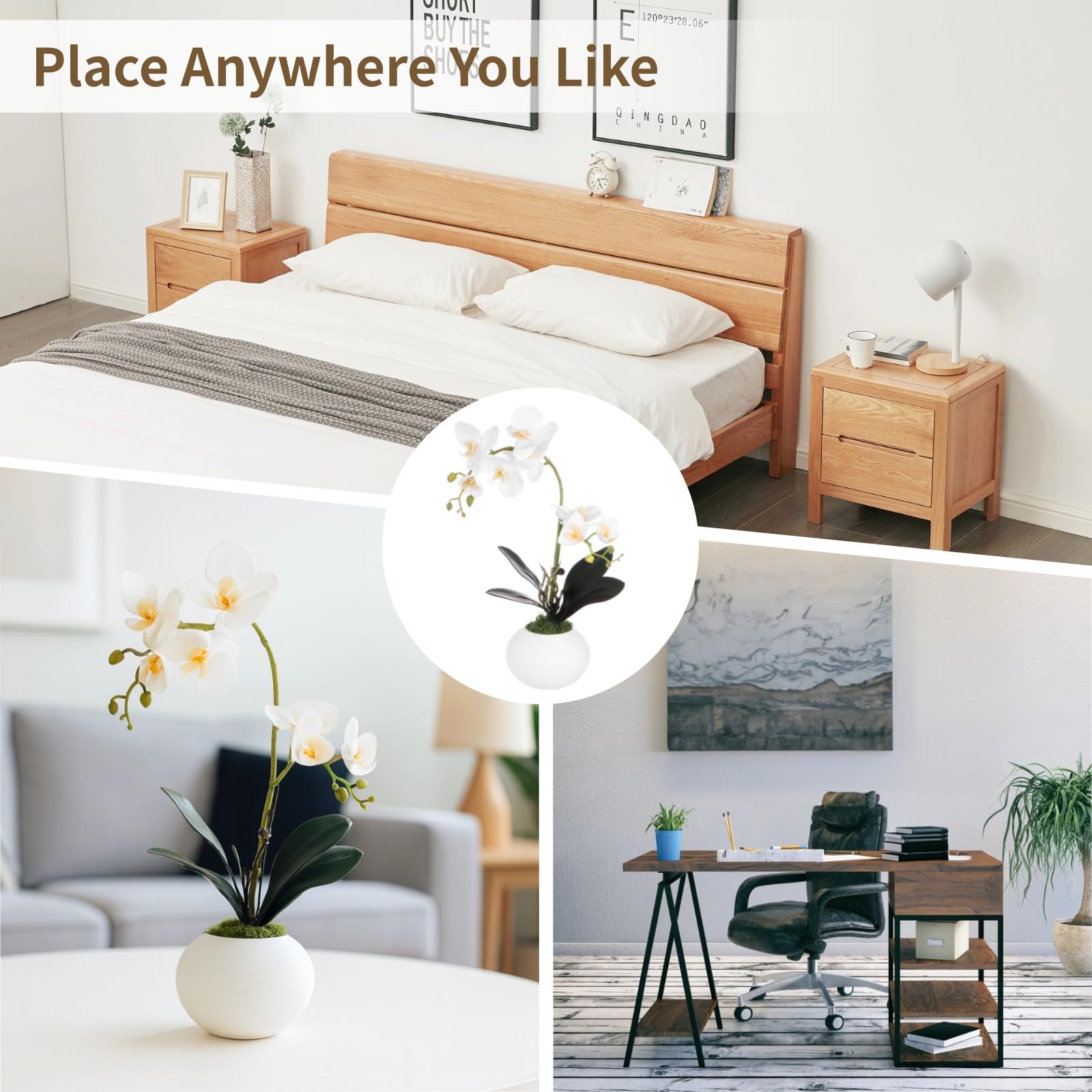 OMISTAR Künstliche Orchideen mit Vase, weiß, fühlt sich echt an, Orchidee, Blumen-Mittelstück, dekorative Phaleanopsis-Orchidee, Bonsai für Zuhause, Büro, Tischdekoration