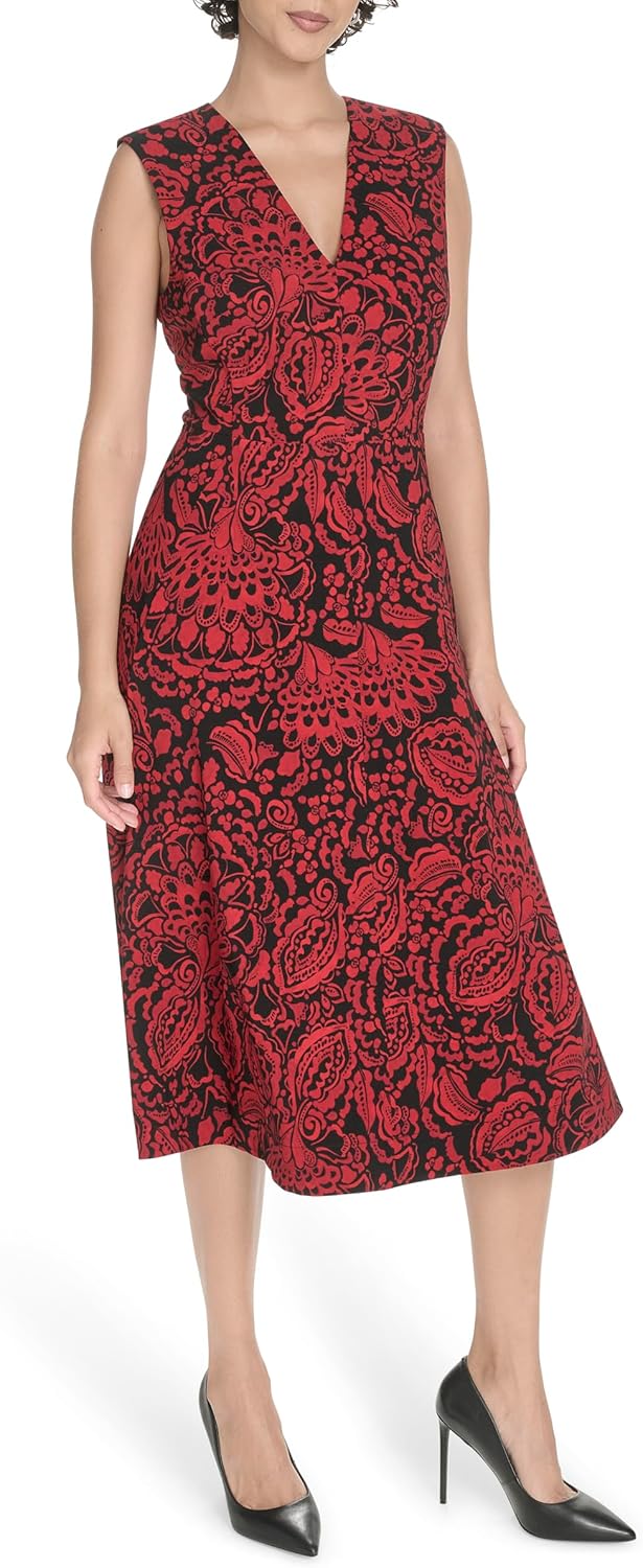 Tommy Hilfiger Womens Sleeveless V-Neck A-line Midi Dress