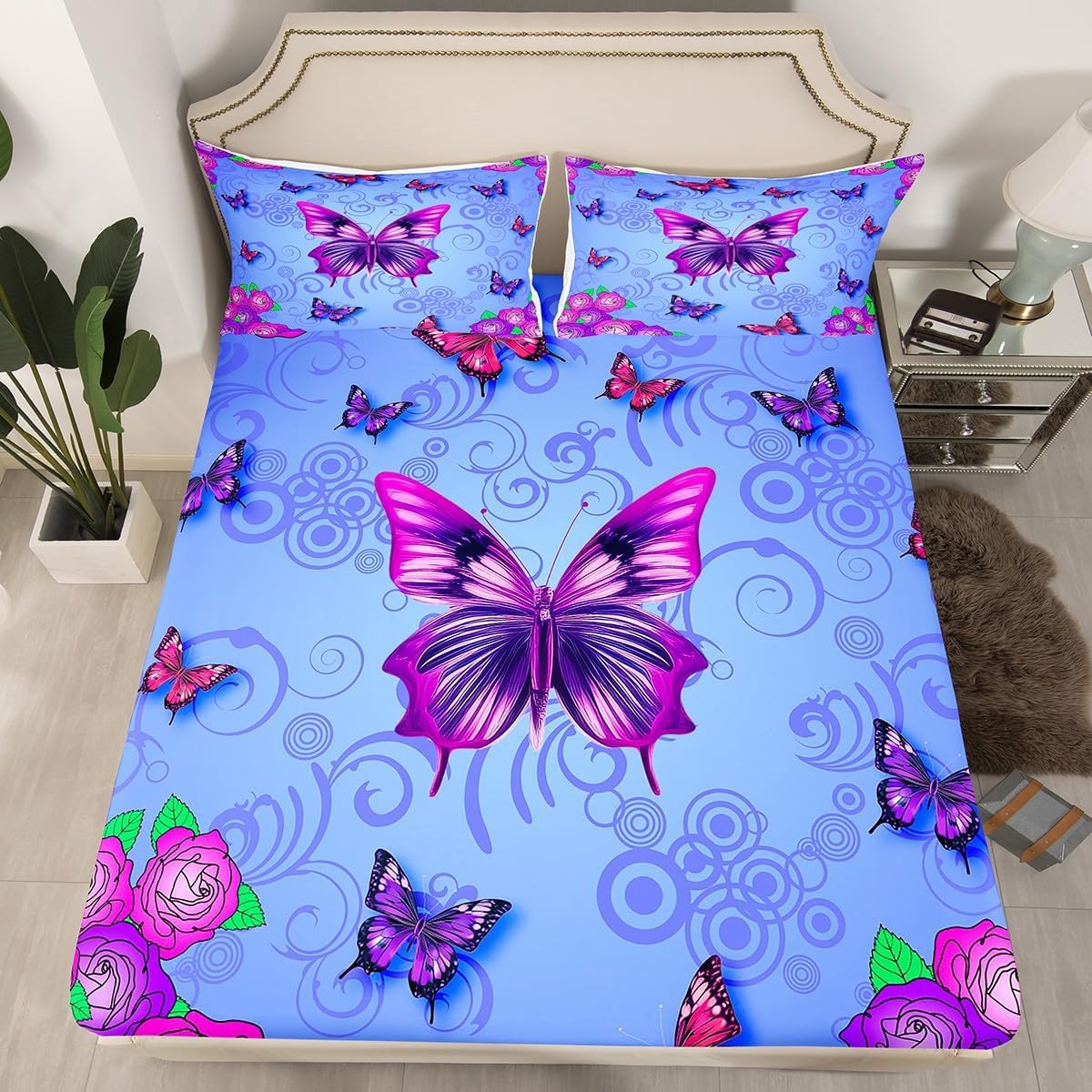 Erosebridal Butterfly Sheet Set Queen, Purple Butterfly Decor Bed Sheets Set Watercolor Rose Flowers Sheets Flying Insect Animal Print Fitted Sheet + Flat Sheet + 2 Pillow Cases
