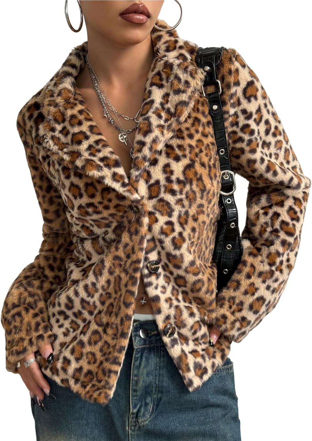 utcoco Womens 2025 Leopard Faux Fur Coat Button Down Winter Coats Fluffy Parka Shaggy Warm Outerwear