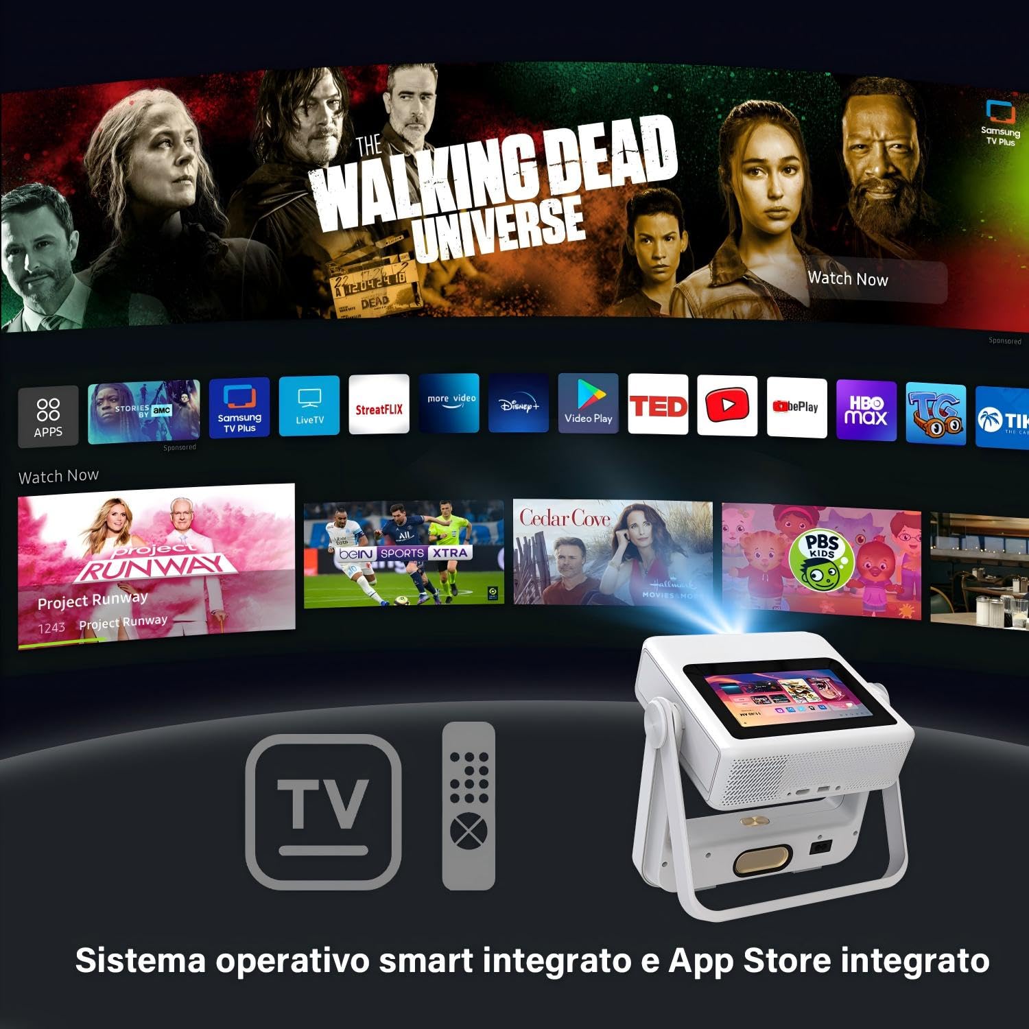 Proiettore Smart 4K Supportato con Touchscreen 7" e Doppio Display, Autofocus e Correzione Trapezoidale Automatica, WiFi 6 Bluetooth, HDR10, Videoproiettore Home Cinema per Smartphone, PC e Console
