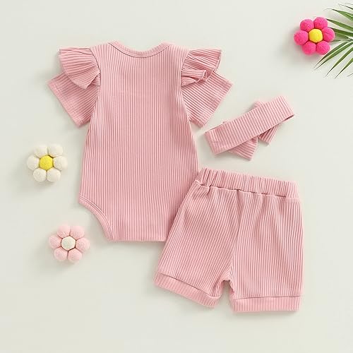 Miniatura 3 de Conjunto de 3 piezas de ropa de verano para bebé recién nacida, con volantes, manga corta, cintura elástica, pantalones cortos y diadema