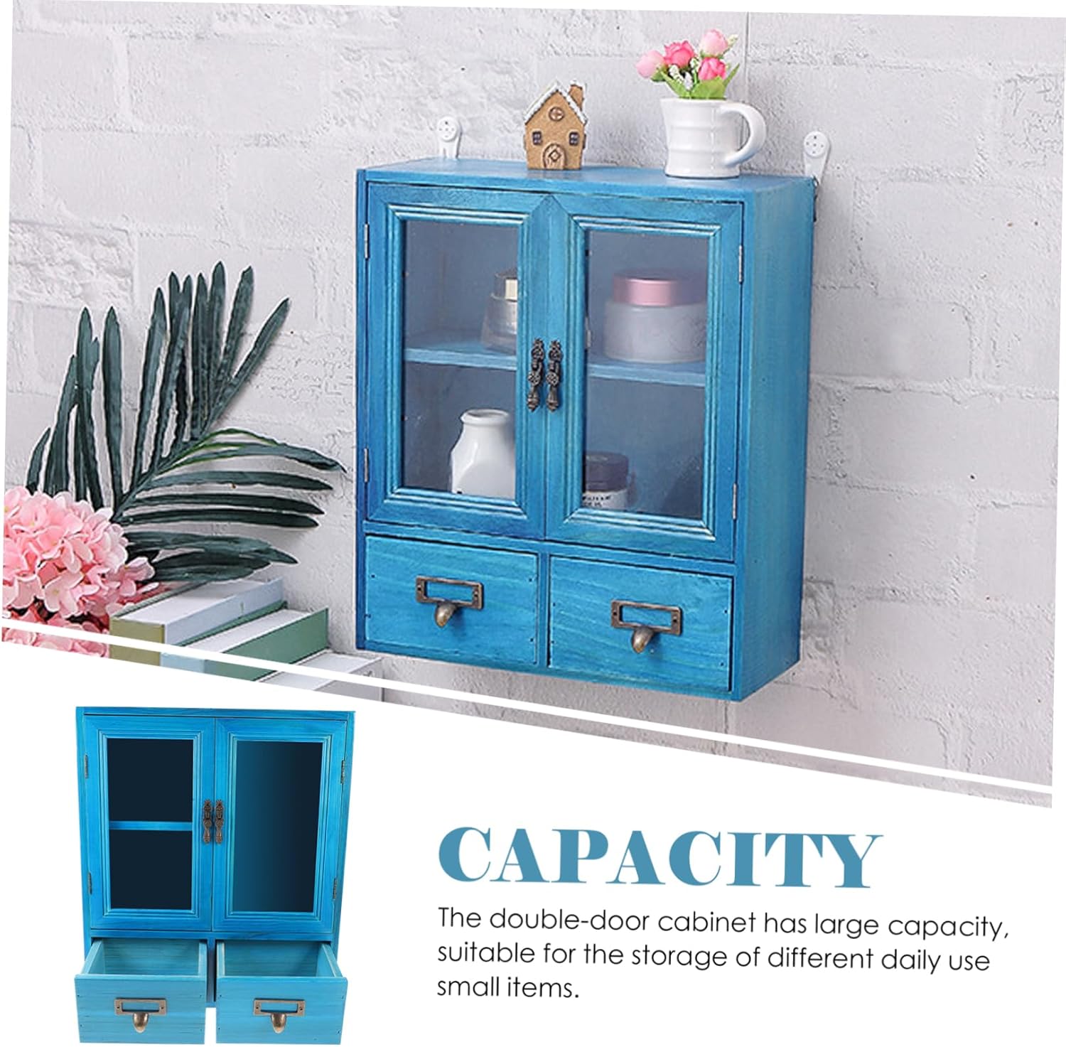 KICHOUSE Wooden Wall Cabinet, Blue, 36X31X12.4CM, Rustic Style, Double Door, 2 Shelves, Kitchen