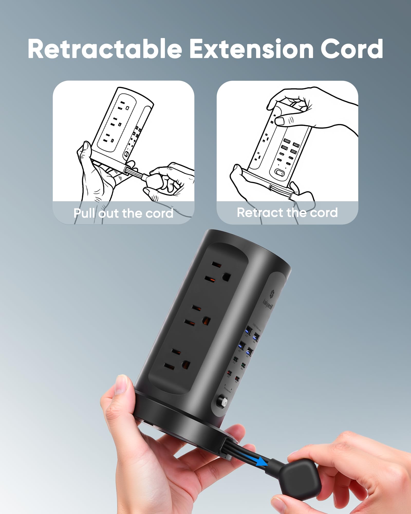Kakyanill Stacja ładująca USB 115 W, listwa zasilająca z ochroną przeciwprzepięciową, 9 gniazd AC z 8 portami USB (4 USB-C), płaska, wysuwany przewód przedłużający