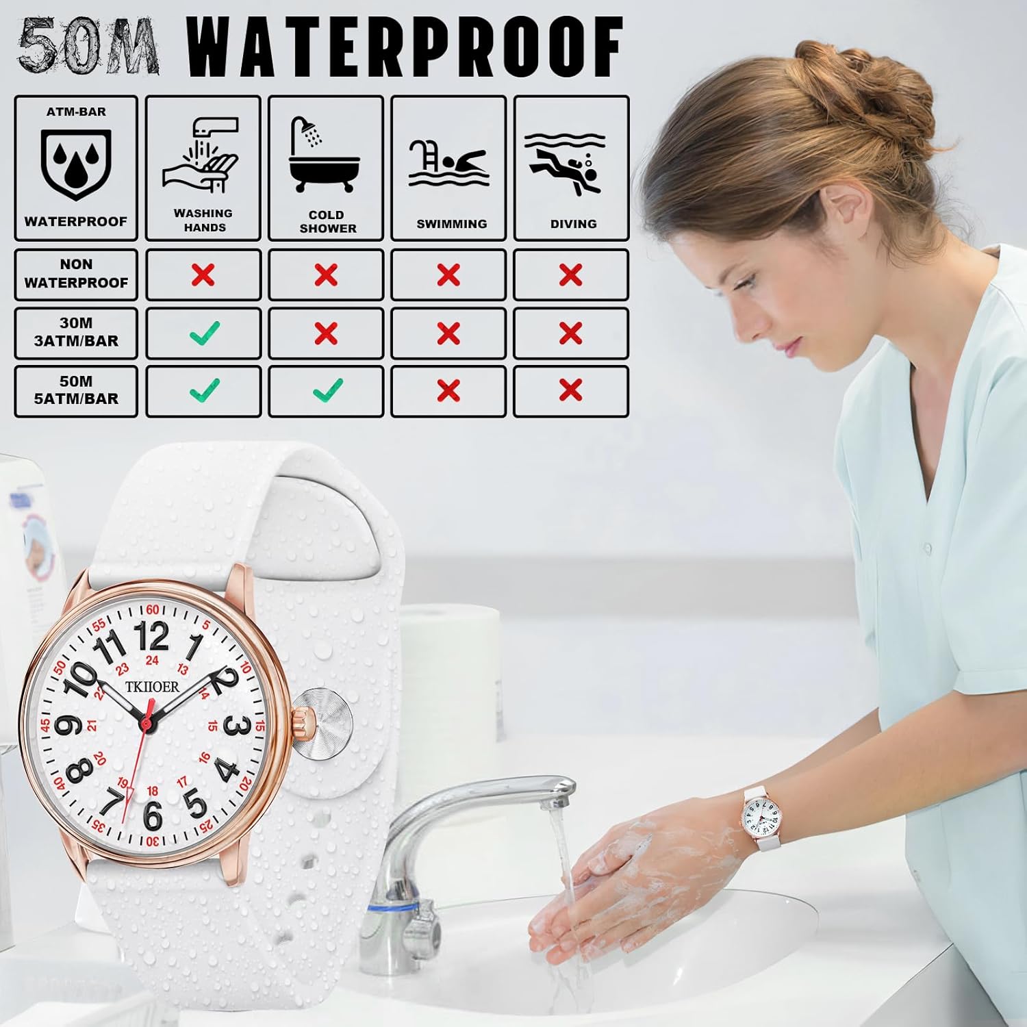 Nurse Watch for Nurse Medical Professionals Students Women Men, 50M Waterproof 12/24 Hour Military Time Luminous Easy Read Dial, Second Hand Watch for Nursing - Image 3