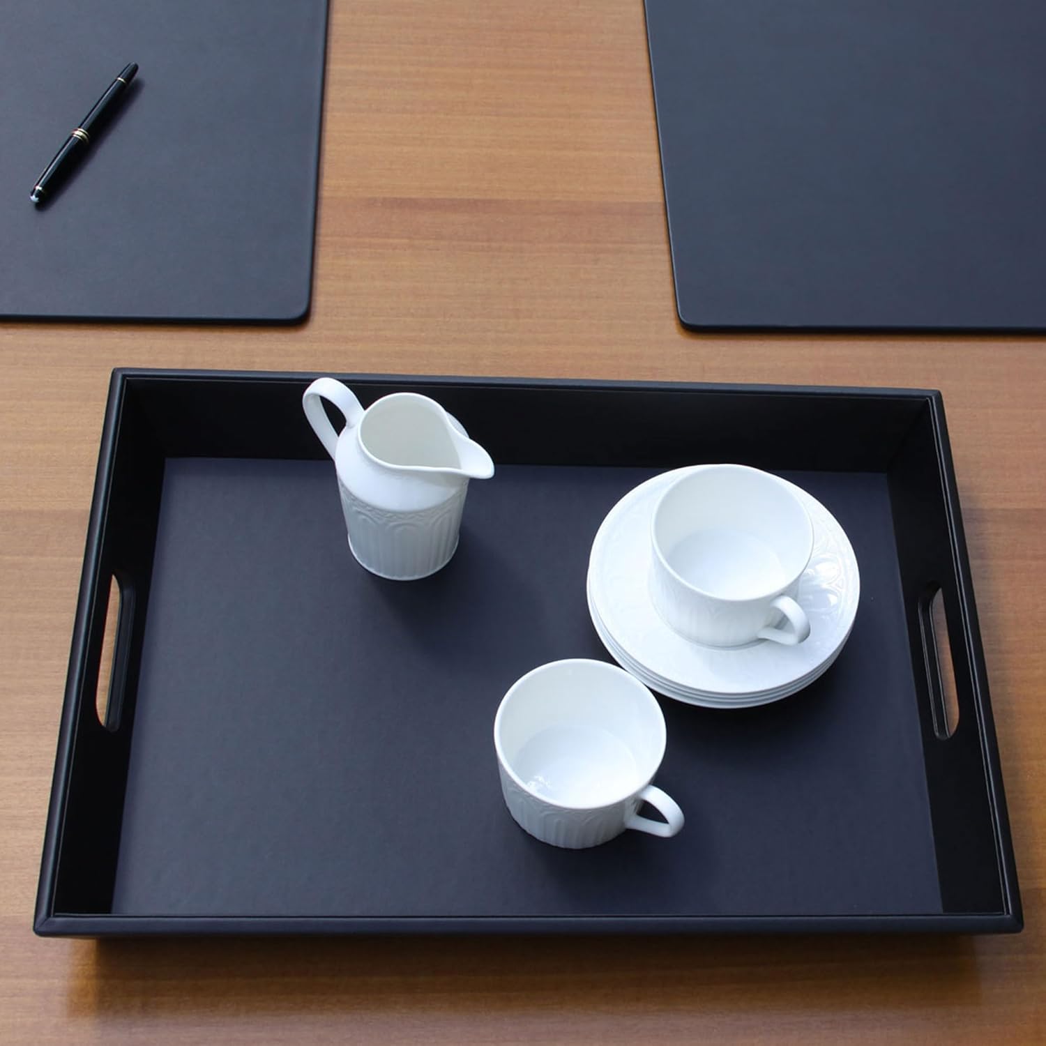 Dacasso Classic Black Leather Luxury Serving Tray with Handles - Desktop, Countertop, Kitchen, Office or Executive Boardroom Table Protection