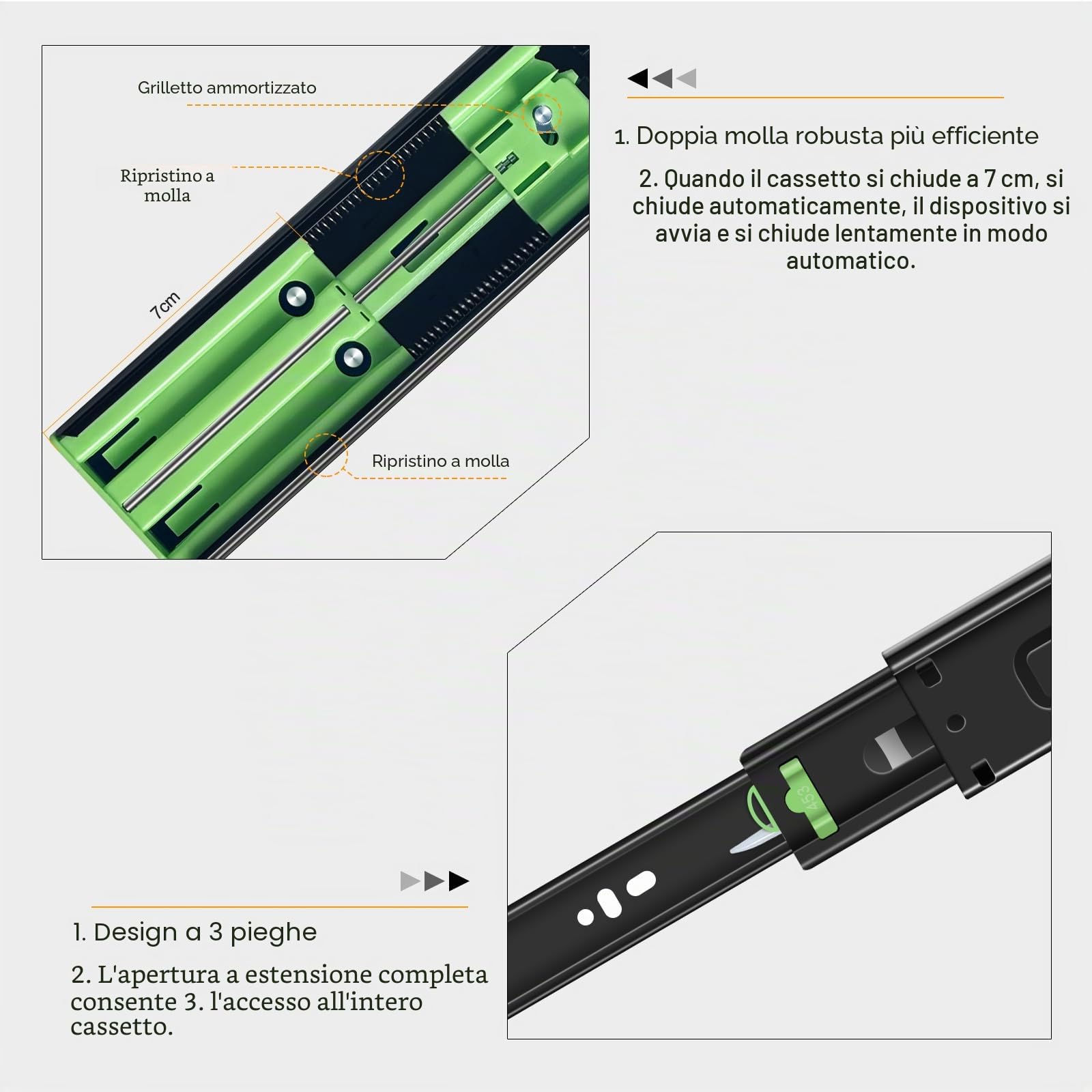 guide per cassetti 6 paia (12 pezzi), 55 cm Chiusura automatica morbida, guide per cassetti estrazione totale con guide con cuscinetti a sfera, guide cassetti 100 libbre di capacità