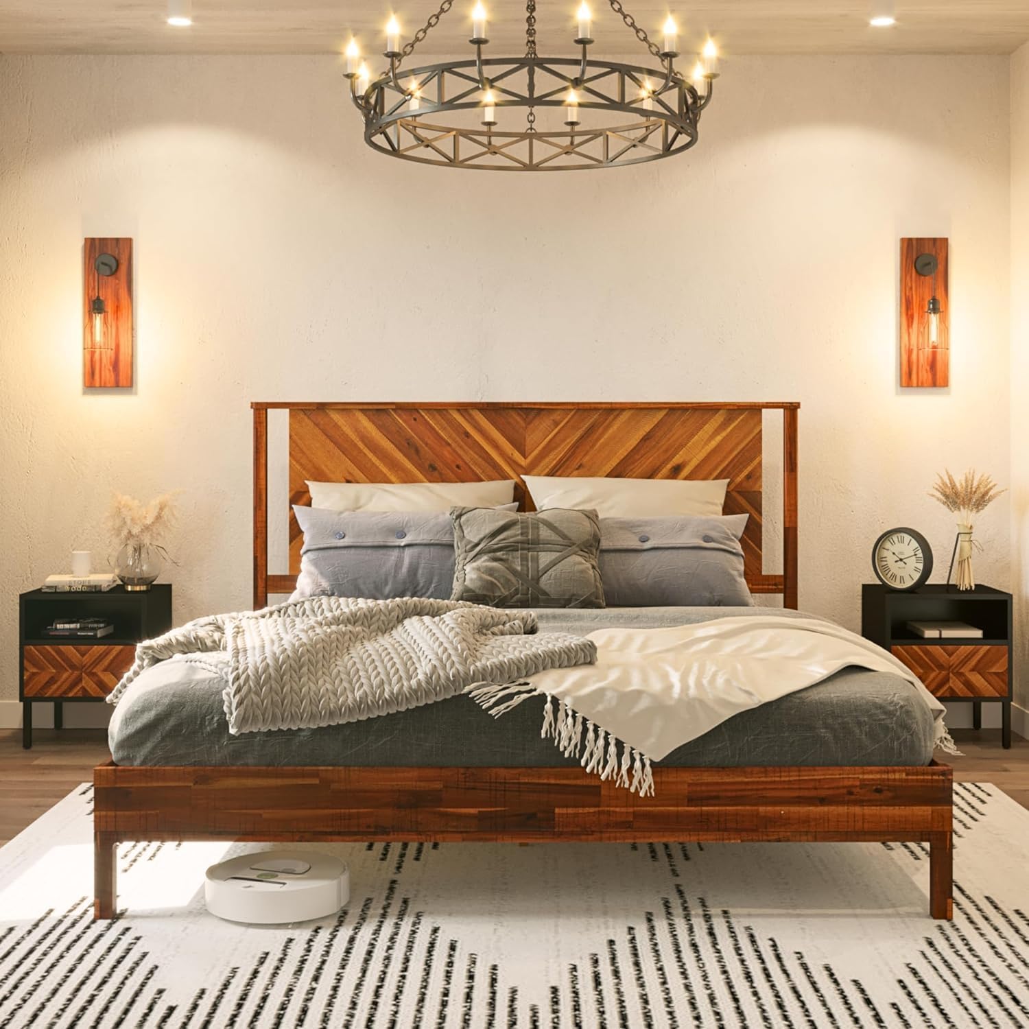 Bme Vivian 14 Inch Deluxe Bed Frame with Headboard, Rustic &amp; Scandinavian Style with Solid Acacia Wood, No Box Spring Needed, 12 Strong Wood Slat Support, Easy Assembly, King, Rustic Golden Brown