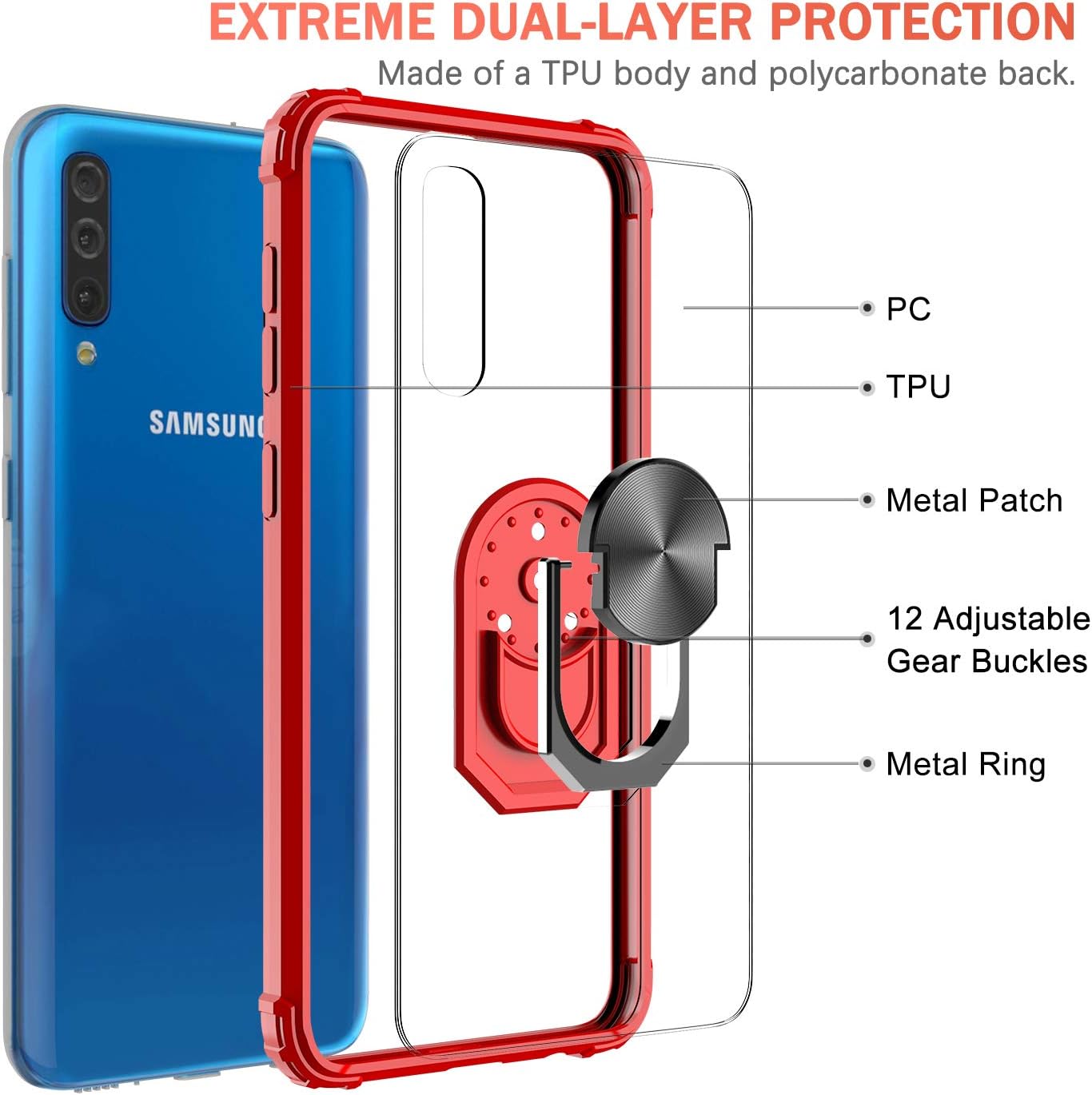 LeYi Samsung Galaxy A50/A50S/A30S Case with [2 Pack] Tempered Glass Screen Protector, Clear Crystal Military-Grade Protective Phone Case with Ring Car Mount Kickstand for Samsung A50/A50S/A30S, Red