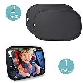 Funbliss Bar Mirror for Baby + 2 Pack Car Window Shades Bundle (19  12), UPF 50+ Window Shade for Baby in Car, 360 Rotation Fully-Adjustable Straps