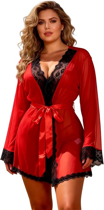 ohyeah Plus Size Lingerie Robe Black Sexy Sheer Robes for Women Kimono Robe
