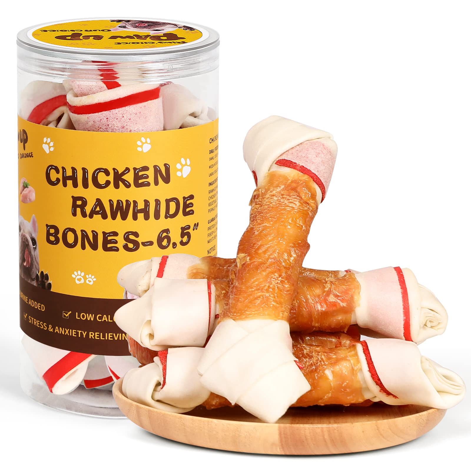 PAWUP Dog Treat Rawhide Bones with Chicken (6.5 ", 4 pcs), Dog Chews Beefhide Treats w/Taurine, 10.5 oz