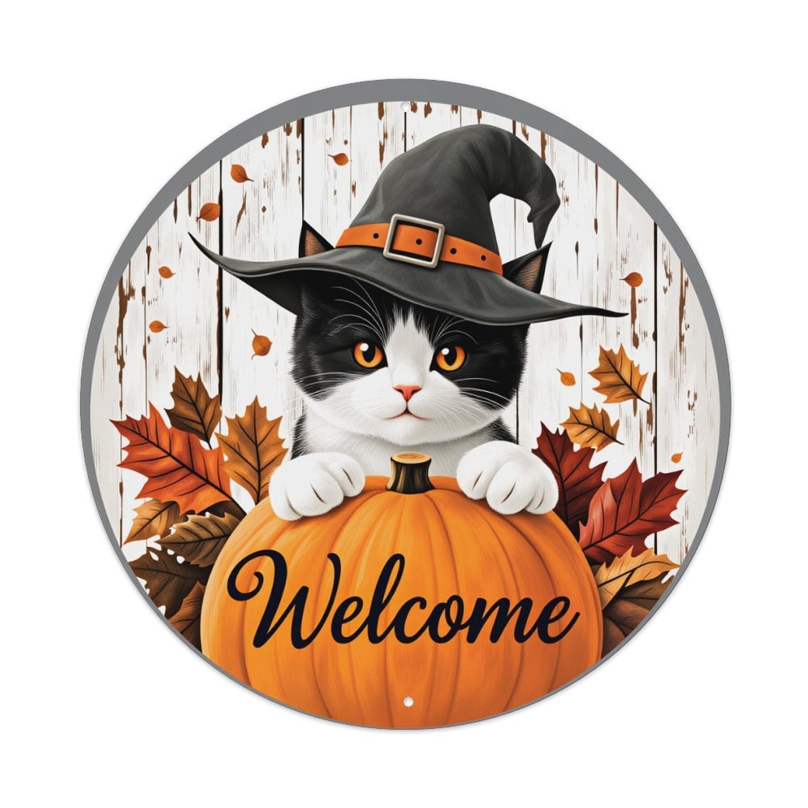 Cat Witch Pumpkin Autumn Leaves Round Tin Sign Vintage Metal Poster Retro Bar, Home, Man Cave, Kitchen, Laundry Room Wall Art Decor Gift 8x8Inch