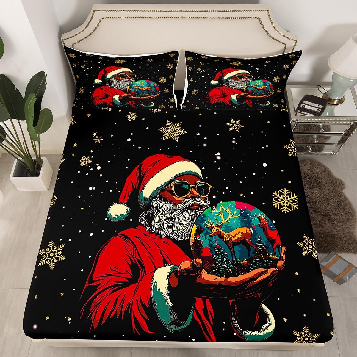 Erosebridal African Kids American Christmas Bed Sheets Black Santa Claus Decoration Bedding Set, Xmas Winter Holiday Decor Fitted Sheet for Girls Boys