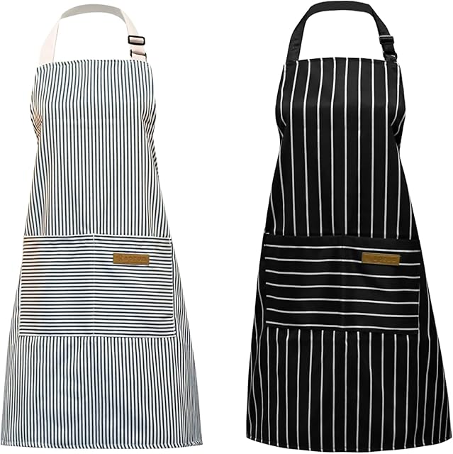 Pinsheng 2 Packs Striped Cotton Linen Apron, Professional Chefs Apron Unisex Adjustable Bib Apron with Pockets for Cooking Baking Painting Kitchen Restaurant Garden(Black+ Blue)