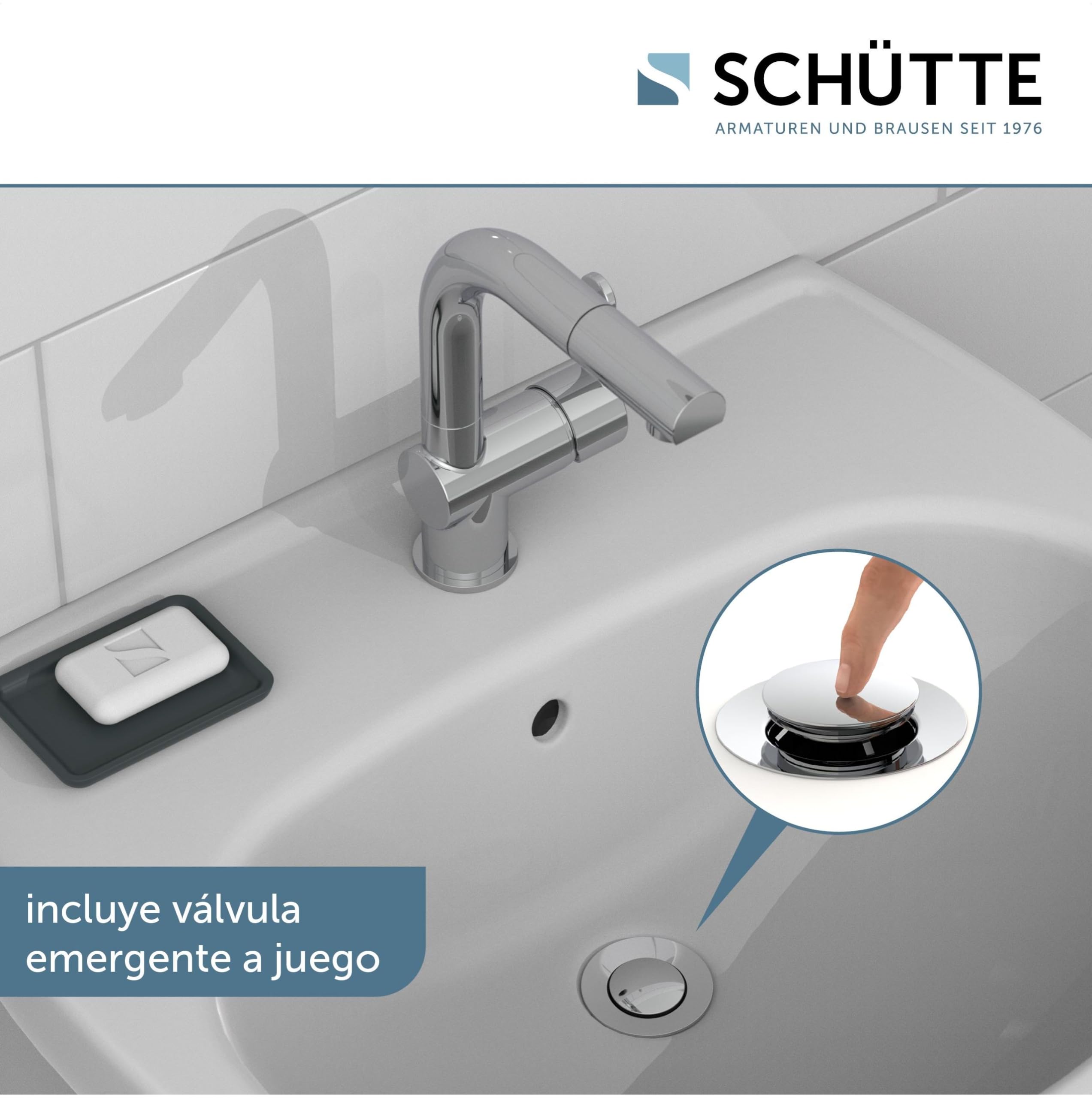 Schütte 79710 Grifo de baño extraíble, alcachofa, Ideal para Lavar el Pelo, Mezclador Monomando con desagüe en Cromo, Cromado