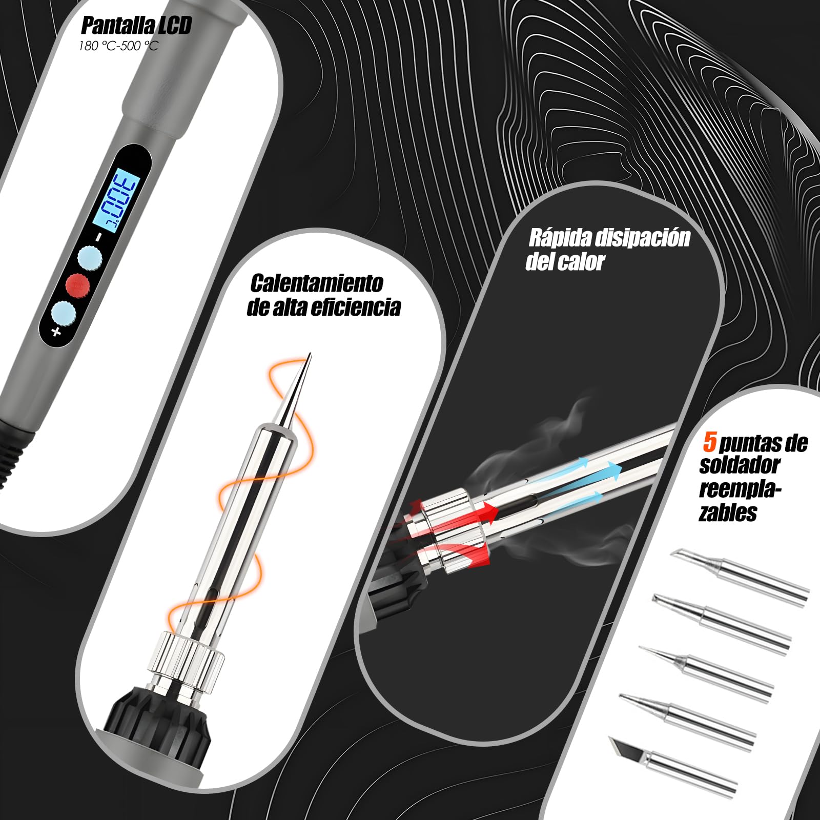 Soldador estaño, soldador,kit de Soldador 60W,temperatura ajustable 180-500℃,19 in 1 soldador estaño profesional, con multímetro digital,5 puntas de soldador, soporte para soldador, pinzas ect.