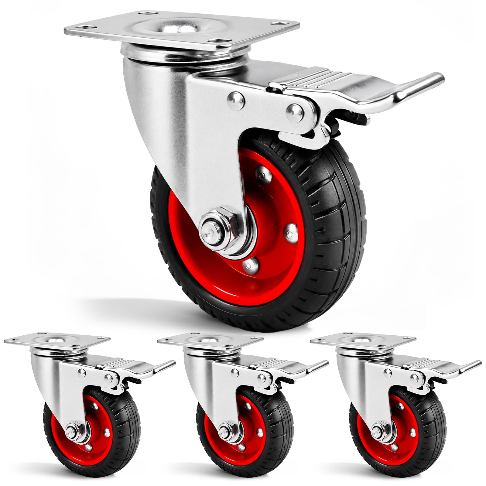Photo 1 of 4 Inch Caster Wheels Heavy Duty with Dual-Lock Safety Brake and Rubber Tire Wheels, Heavy Duty - 300 Lbs Per Caster for Workbench, Trolley, Cabinet, Swivel Rubber Wheel 4-Packs with mounting Hardware