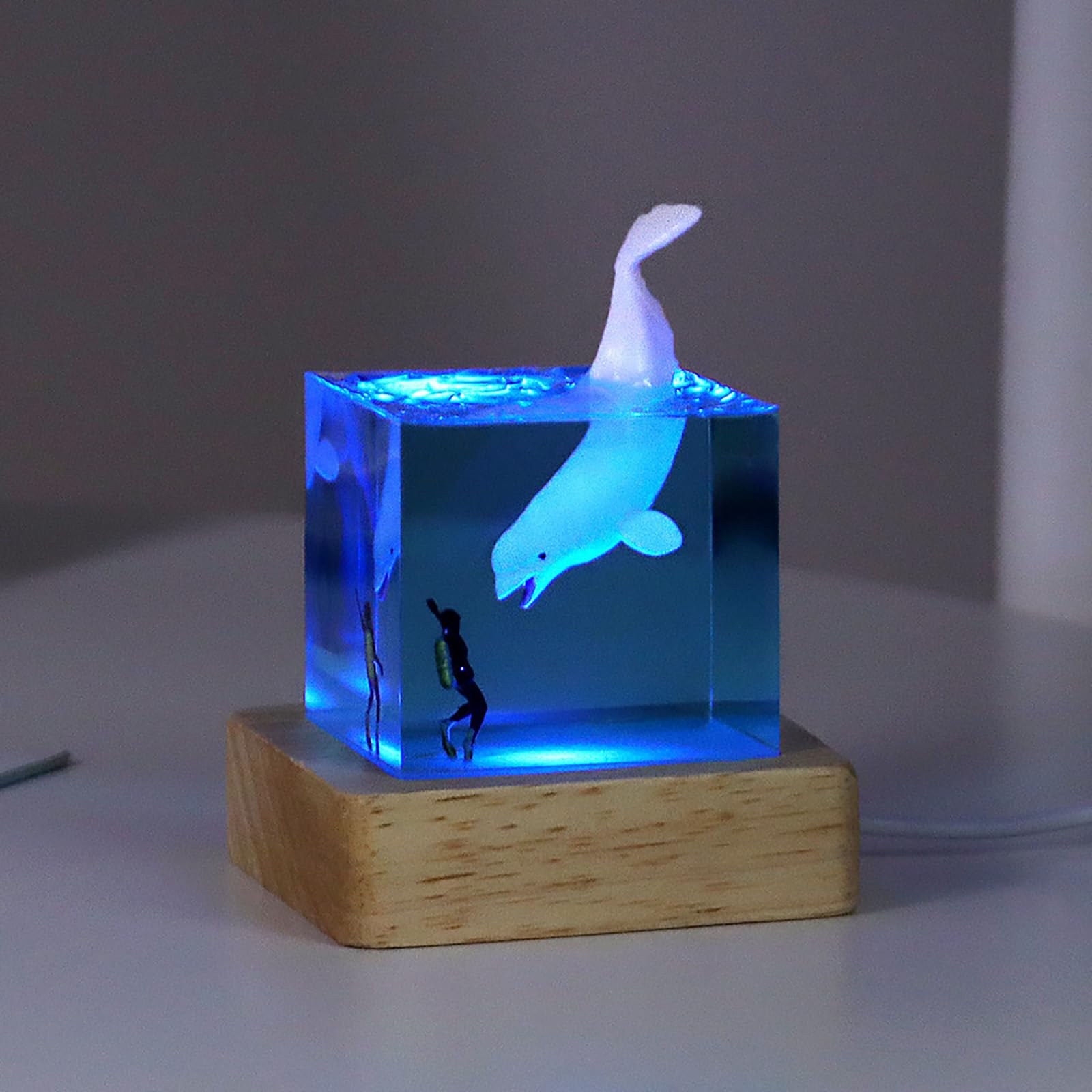 VISIOLEX Shark Diver Night Lamp, Table Lamp, Handmade Resin Shark Lamp, Ocean Resin Cube Jewelry, Glow-in-The-Dark Night Lamp, Novelty Desktop Gift (Beluga Whale)