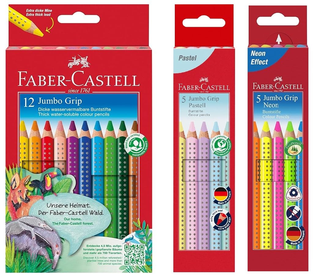 Faber-Castell 110912 Jumbo Grip Buntstifte für Kinder, Malstifte mit Grip und dreieckigem Schaft, wasserlöslichen Pigmenten, leicht auswaschbar und bruchsicher (12er Set + Neon + Pastell)