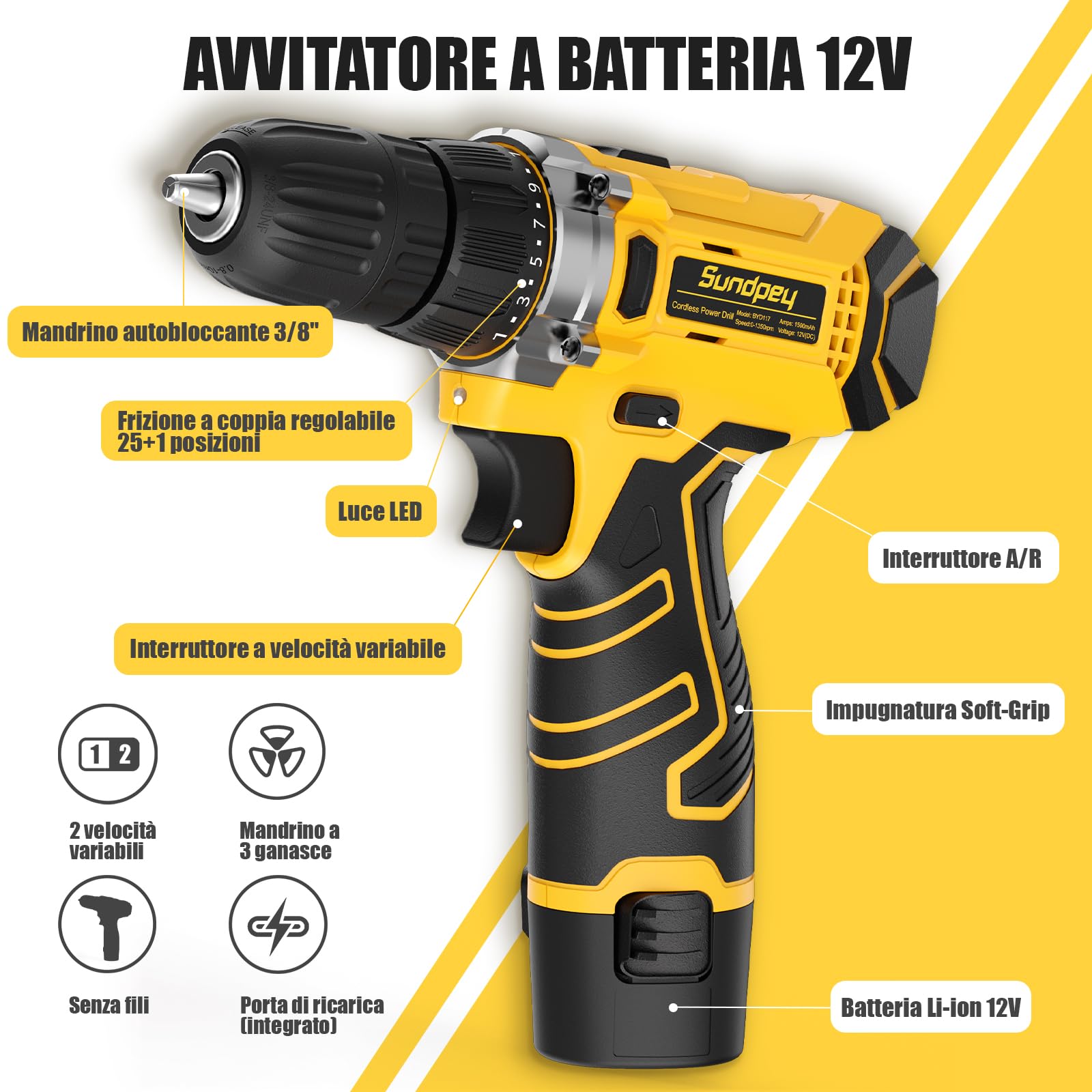 Sundpey Cassetta Attrezzi Completa 166 Pezzi con Trapano Avvitatore a Batteria 12V, Set Utensili Multiuso per Riparazioni Domestiche, con Custodia Portattrezzi per Casa, Giardino, Garage e Ufficio