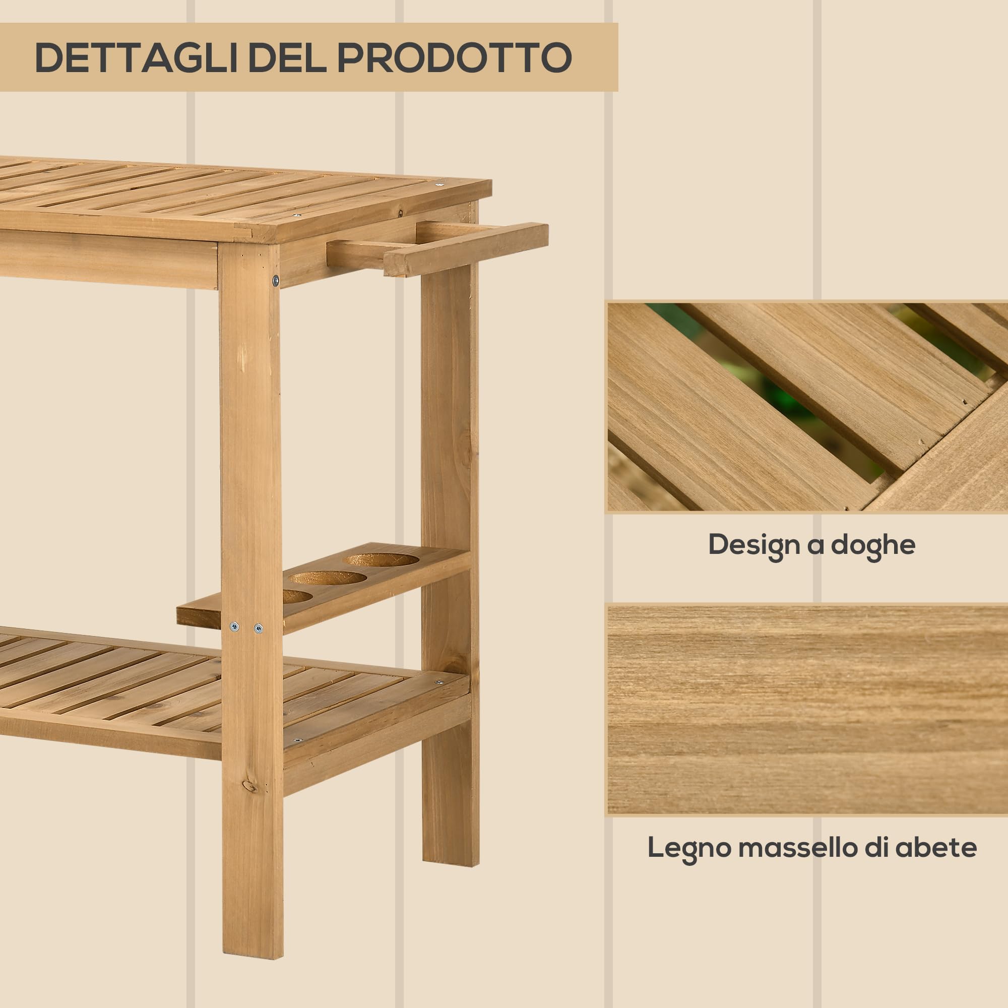 Outsunny Carrello Portavivande da Giardino in Legno di Abete 95x47x74 cm