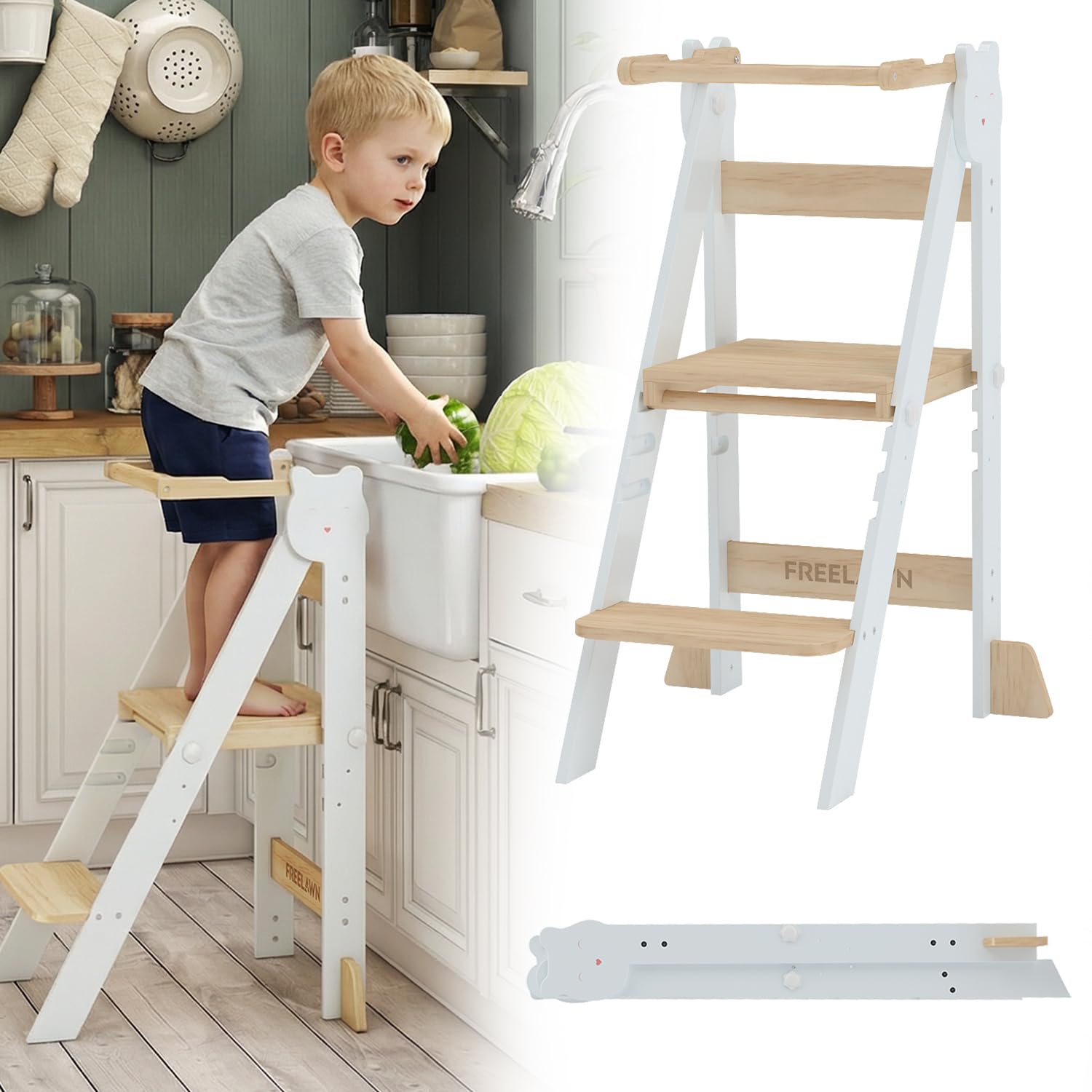 Lernturm Klappbar & 3-Fach Höhenverstellbar - Kippsicherer Learning Tower aus Kiefernholz - Mitwachsender Trittschemel für Kinder (1-5 Jahre) - Stabiler Küchenhelfer & Entdeckerturm (Weiß)