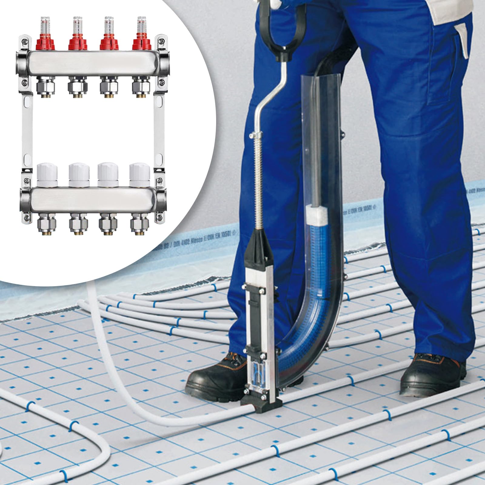Distributore Circuito Riscaldamento, Misuratore Portata 4 Circuiti Riscaldamento Pavimento Impianto Riscaldamento Pavimento Acciaio Inox Con Flussometro Senza Valvola Sfera Filettatura Esterna 3/4"