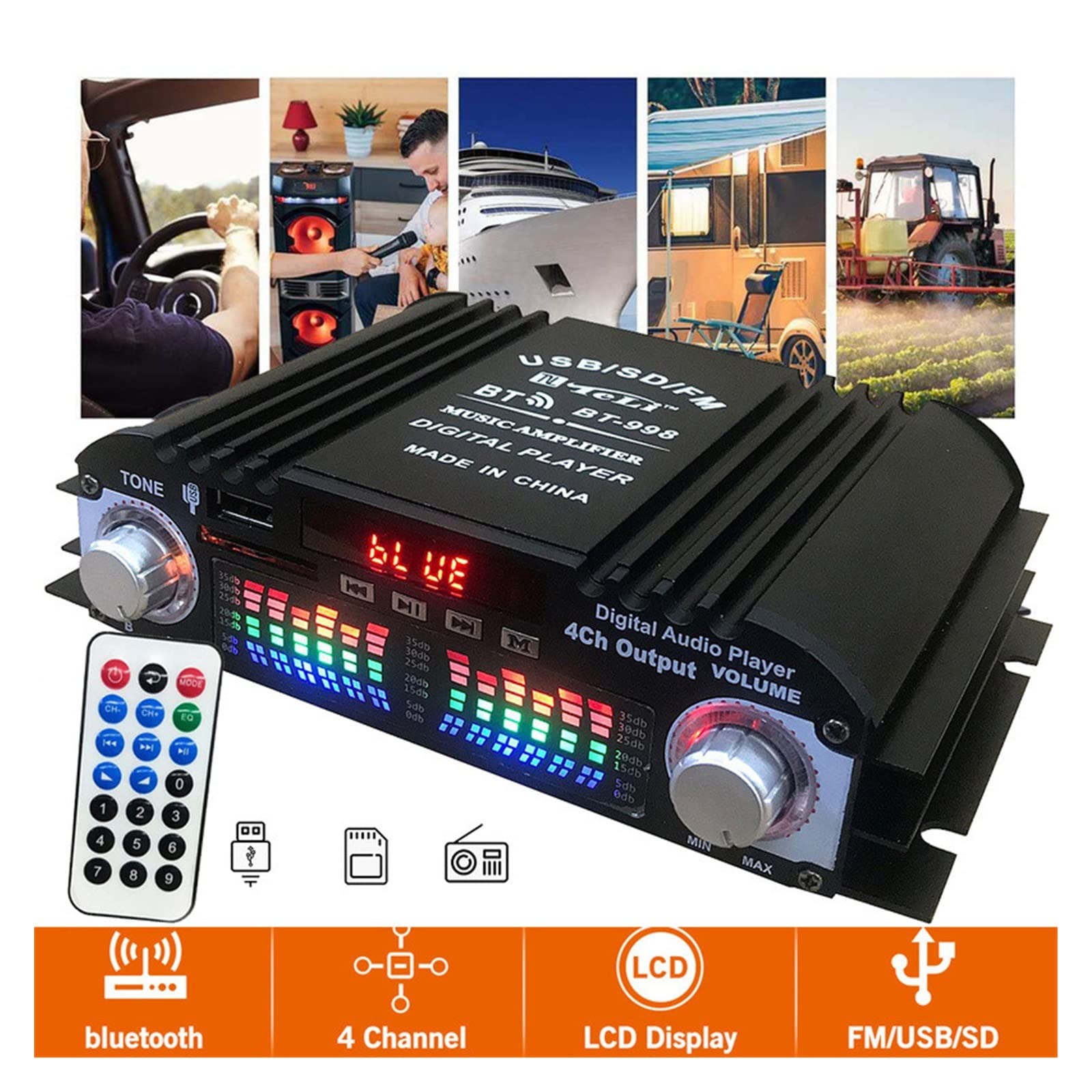 Domowy wzmacniacz samochodowy 4-kanałowe głośniki samochodowe Booster Powered Subwoofer Amplificador Support FM U Disk,Szeroka kompatybilność