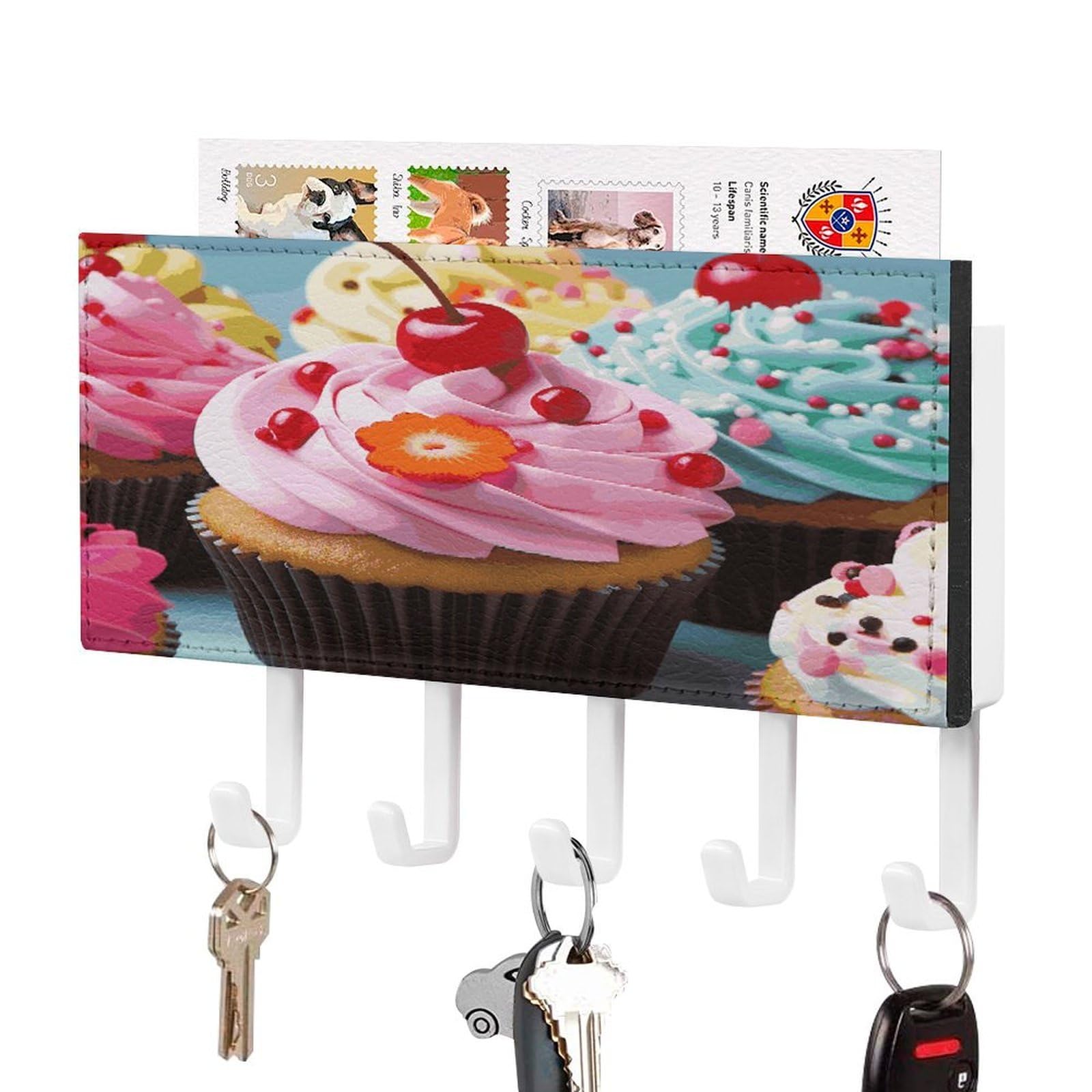 FekiLoot Cupcake Key Holder Wall Mount Key Hanger with 5 Hooks Decorative Key Rack Hanging Key Hooks with Mail Organizer Key Holder for Wall Living Room Kitchen Bathroom Hallway White