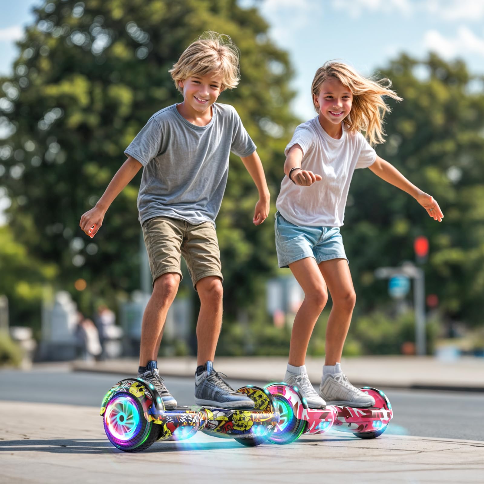SISIGAD Hoverboard da 6,5 pollici con altoparlante Bluetooth, scooter autobilanciato, motore con luci colorate e luci LED，Camouflage rosa