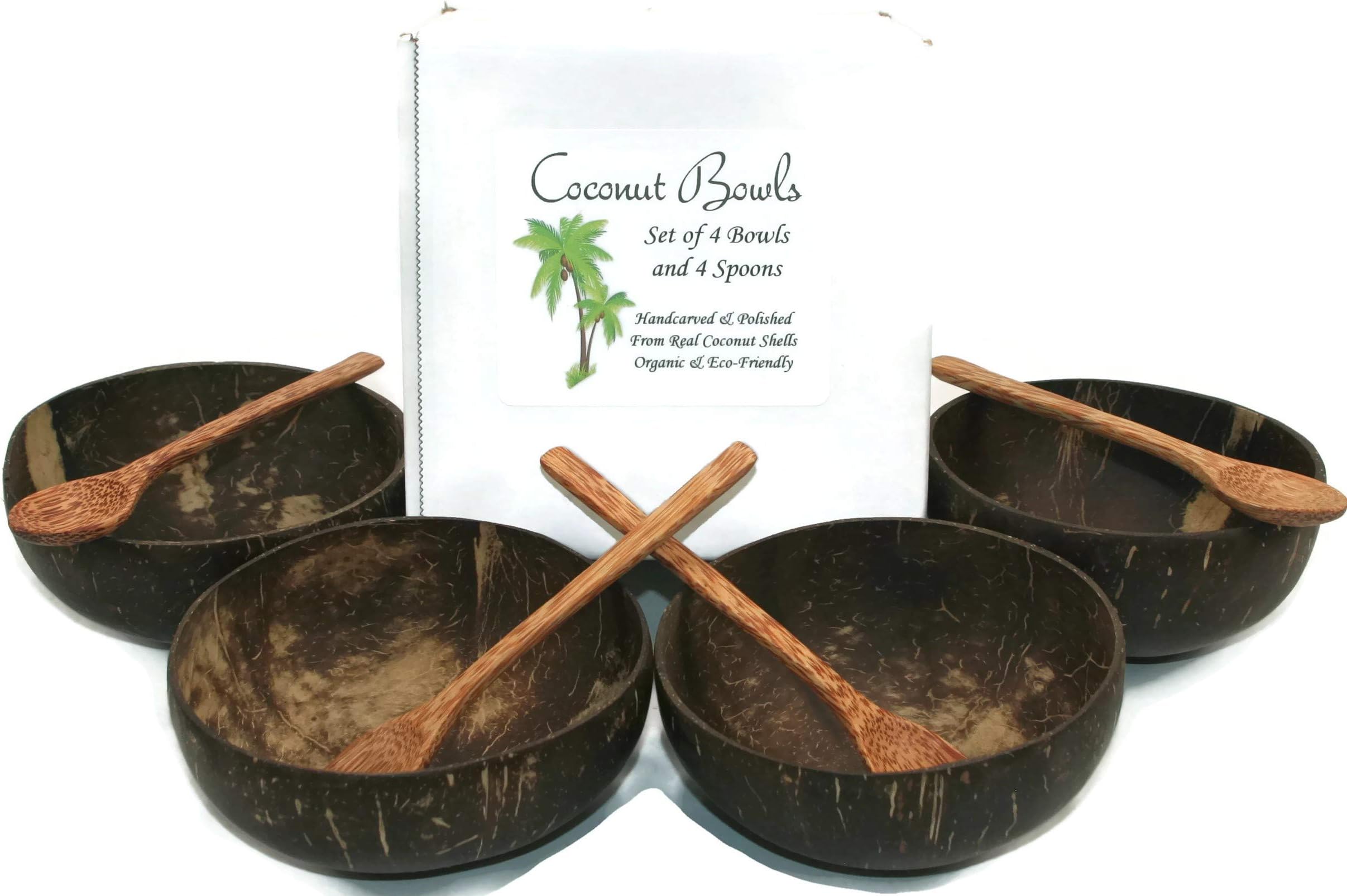 Coconut Bowl Set with Spoons by Royal Argon are 100% Natural, Organic, Set of 4 Bowls and 4 Spoons