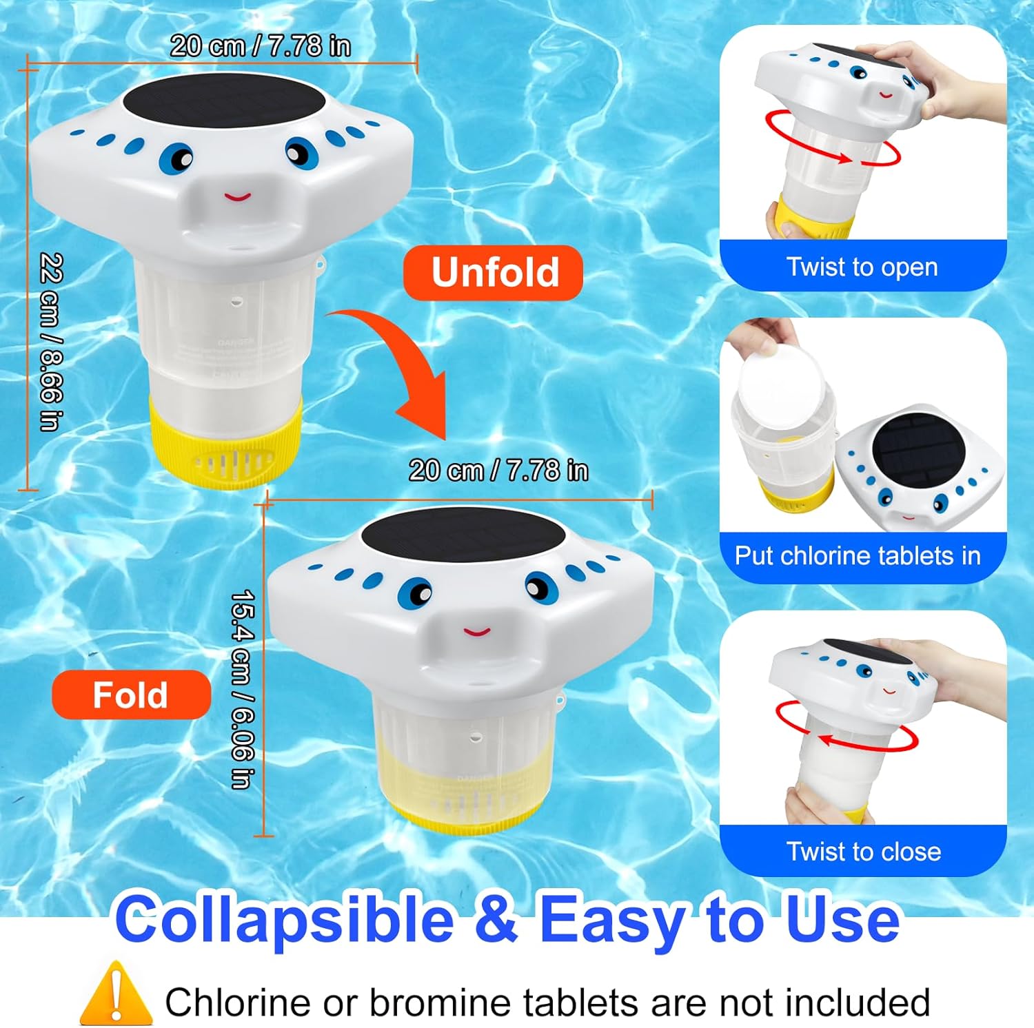 Chlorine Tablet Floater,Pool Chlorine Floater with Solar Light,Floating Chlorine Dispenser Large Capacity Bromine Holder Fits 3 inch and 1 inch Chlorine Tablets for Large and Small Pools Hot Tub Spa