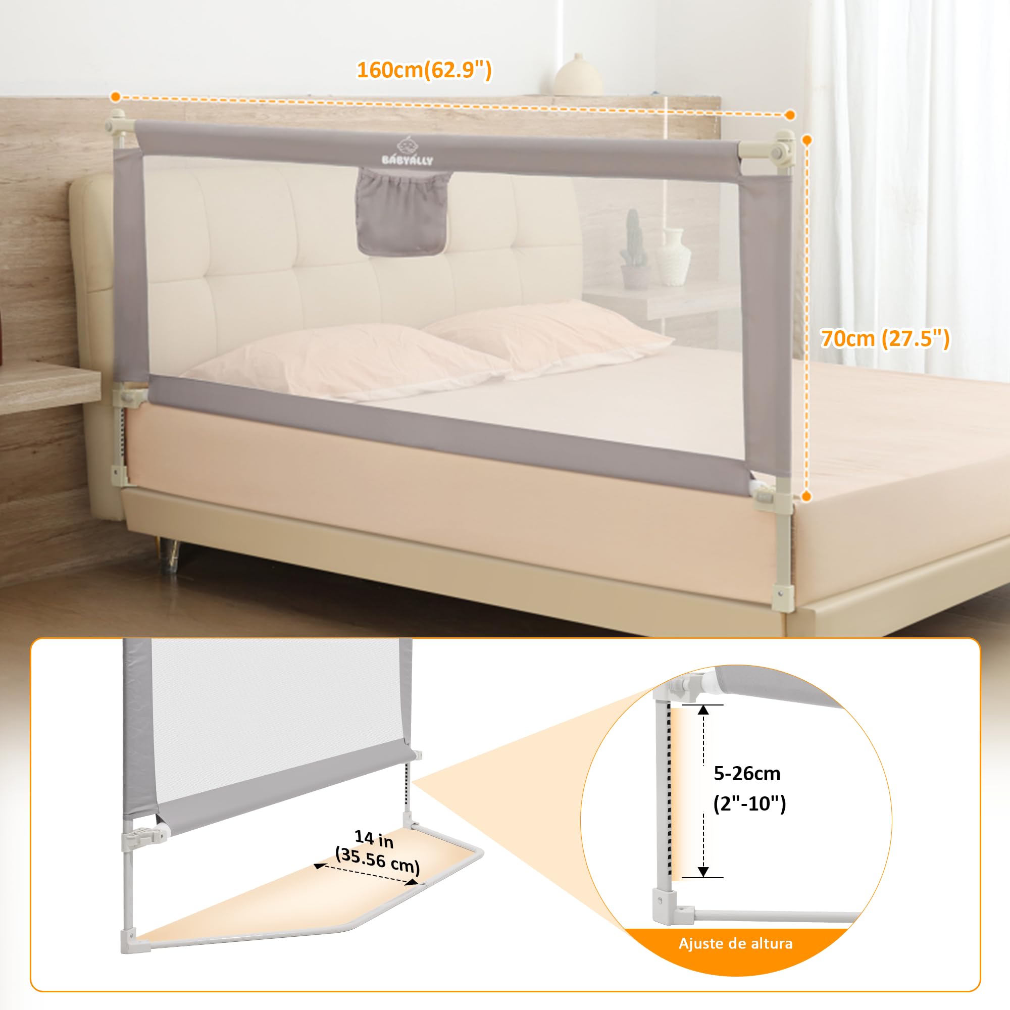 Barrera de 160cm para Cama, Barrera de Seguridad Niños, Barandilla Cama Niño Legable y Portátil