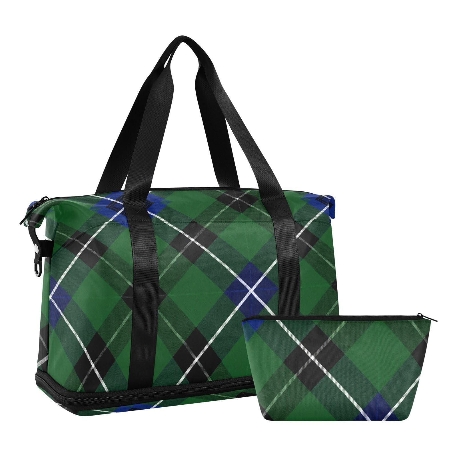 Bolsa de fin de semana con bolsillo húmedo, correa ajustable, color verde a cuadros escoceses, para viajes en avión, gran capacidad para hombres y mujeres