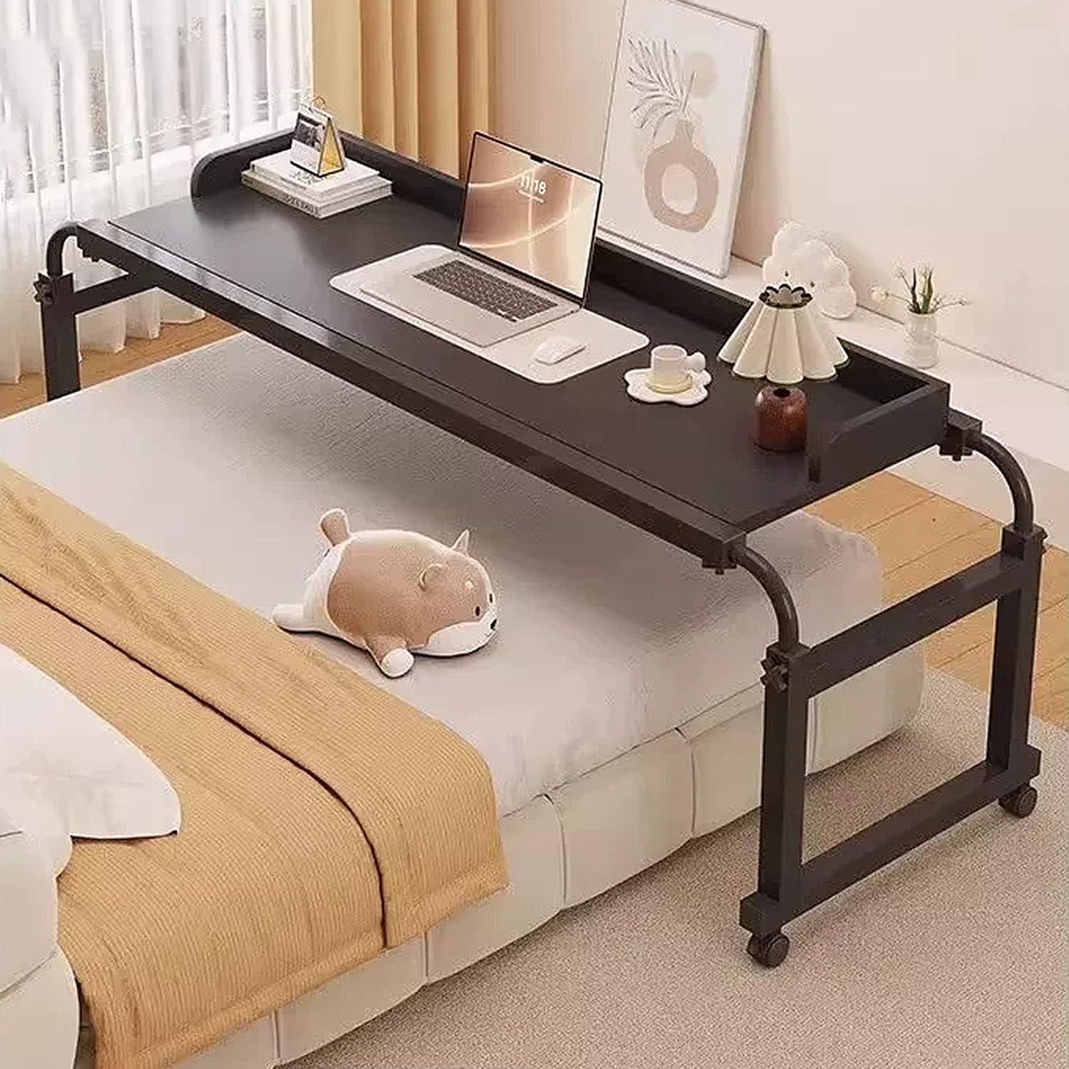 GXQFC Overbed Table with Extendable Top, Mobile Laptop Desk Adjustable Height 65-95CM & Length 115-210CM Mobile Over The Bed and Recliner Table for Work Gaming Breakfast Applying Makeup(Color:Black)