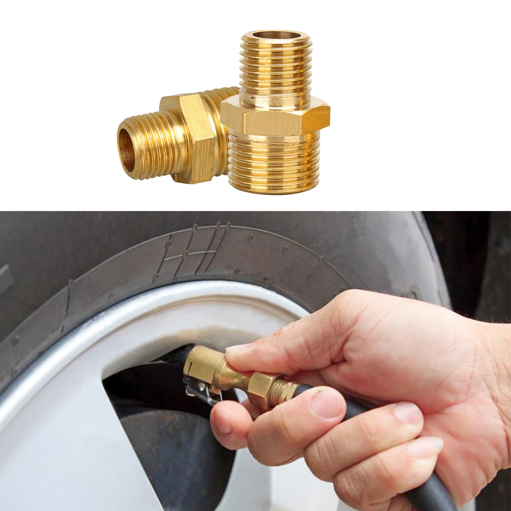 2PCS Air Inflator Adapter, Tire Inflator Connector, 1/4 NPT (M) to Standard Schrader Valve (M), Brass Air Compressor Fill Valve Connector Fits Air Hose, Air Chuck, Portable Air Compressor/Pump