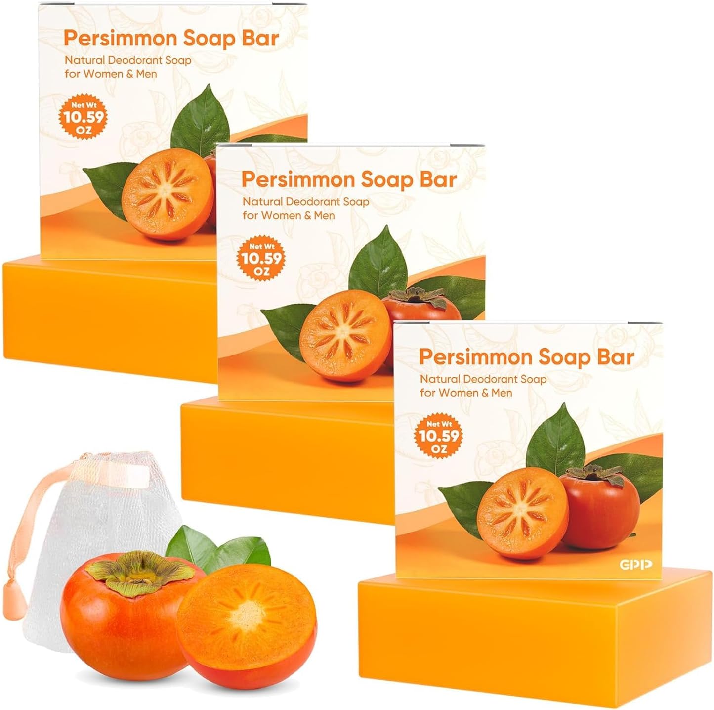 GPP Persimmon Soap Bar for Body Odor Control – 3 PCS Natural Body Wash Soap for for Old People Smell Eliminating Body Odor, Purifying Deodorizing Odor Eliminator for Women & Men, 3.53oz/pe