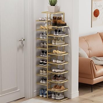 Tall Vertical Shoe Rack, Entryway Narrow Double Row Vertical Metal Shoe Organizer, Space Saving Shoe Storage Shelf with Foldable Shelves for Boots,Sneakers,Heels-Gold-10-Tiers-9.8"Dx19.3"Wx53.1"H