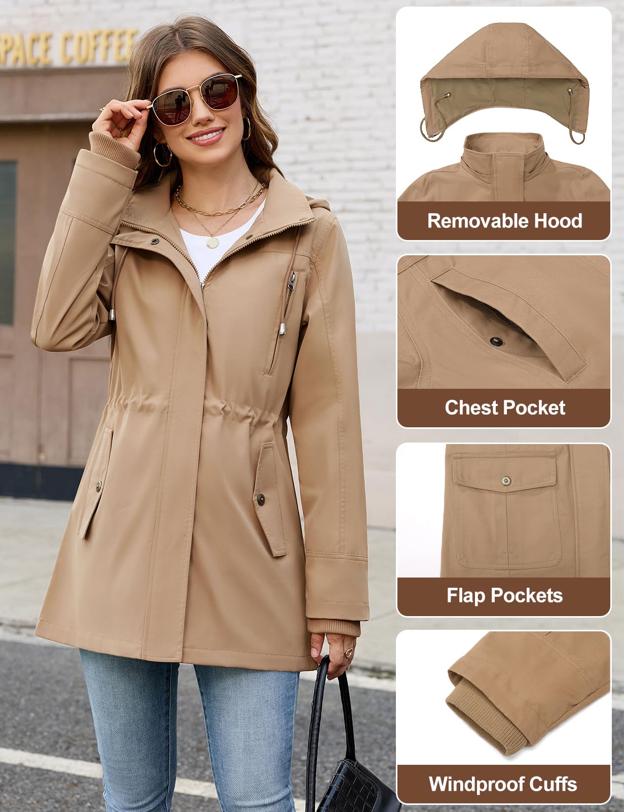 CMTOP Giacca da Donna Leggero Idrorepellente Giacca Mezza Stagione Donna, Elegante Zip Up Giacchetto Media Lunghe Militare Giubbotti Parka Jacket con Cappuccio e Molte Tasche
