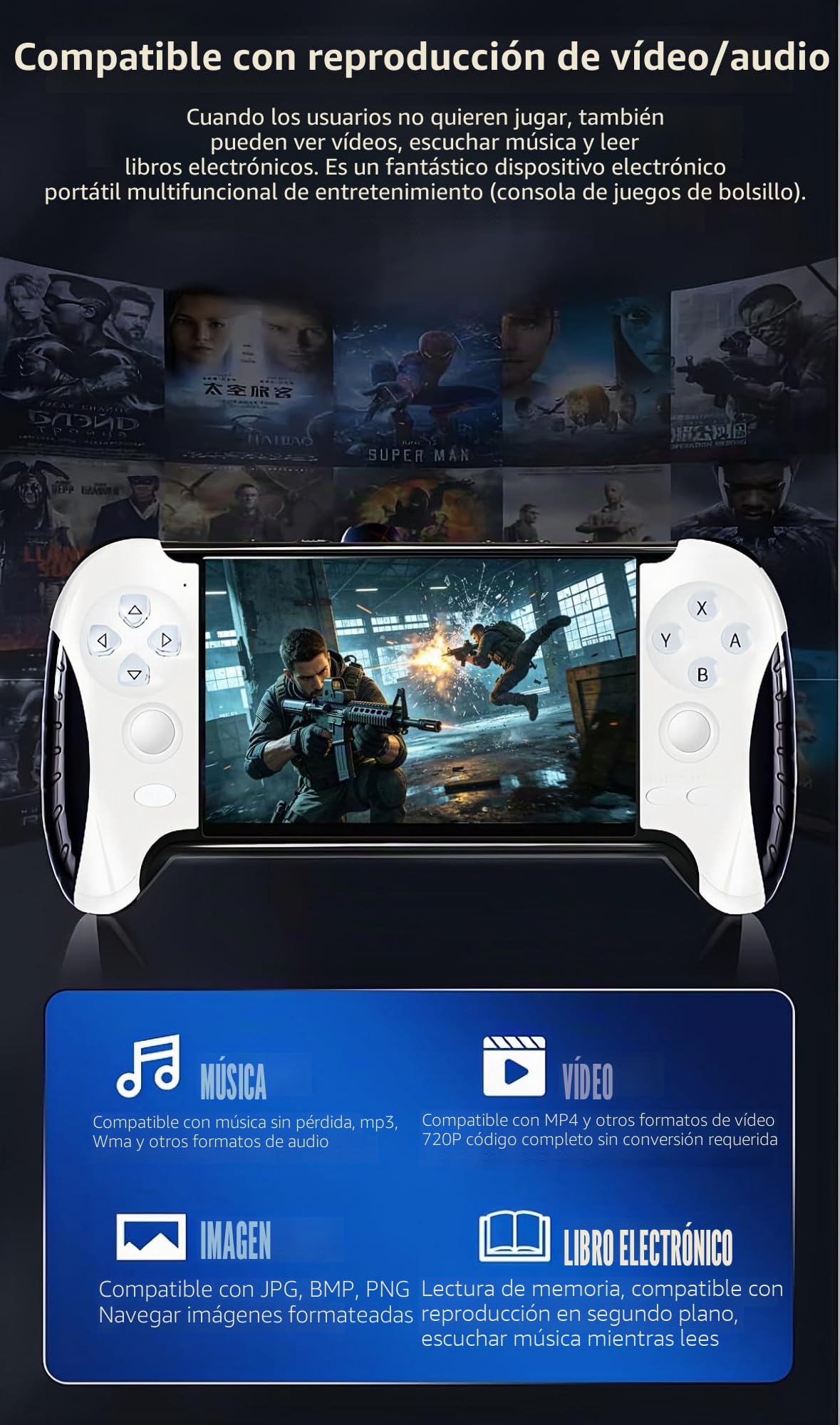 Consola de juegos portátil con gamepad de 4,3 pulgadas, 4800 juegos retro, múltiples emuladores, función de guardado de juegos, portátil, para niños/amigos, entretenimiento en hogar/exterior