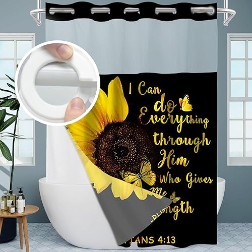 Miniatura 2 de AZHM Juego de 4 cortinas de ducha con alfombras de girasol, decoración de baño, citas inspiradoras, cortinas de baño con alfombras y accesorios