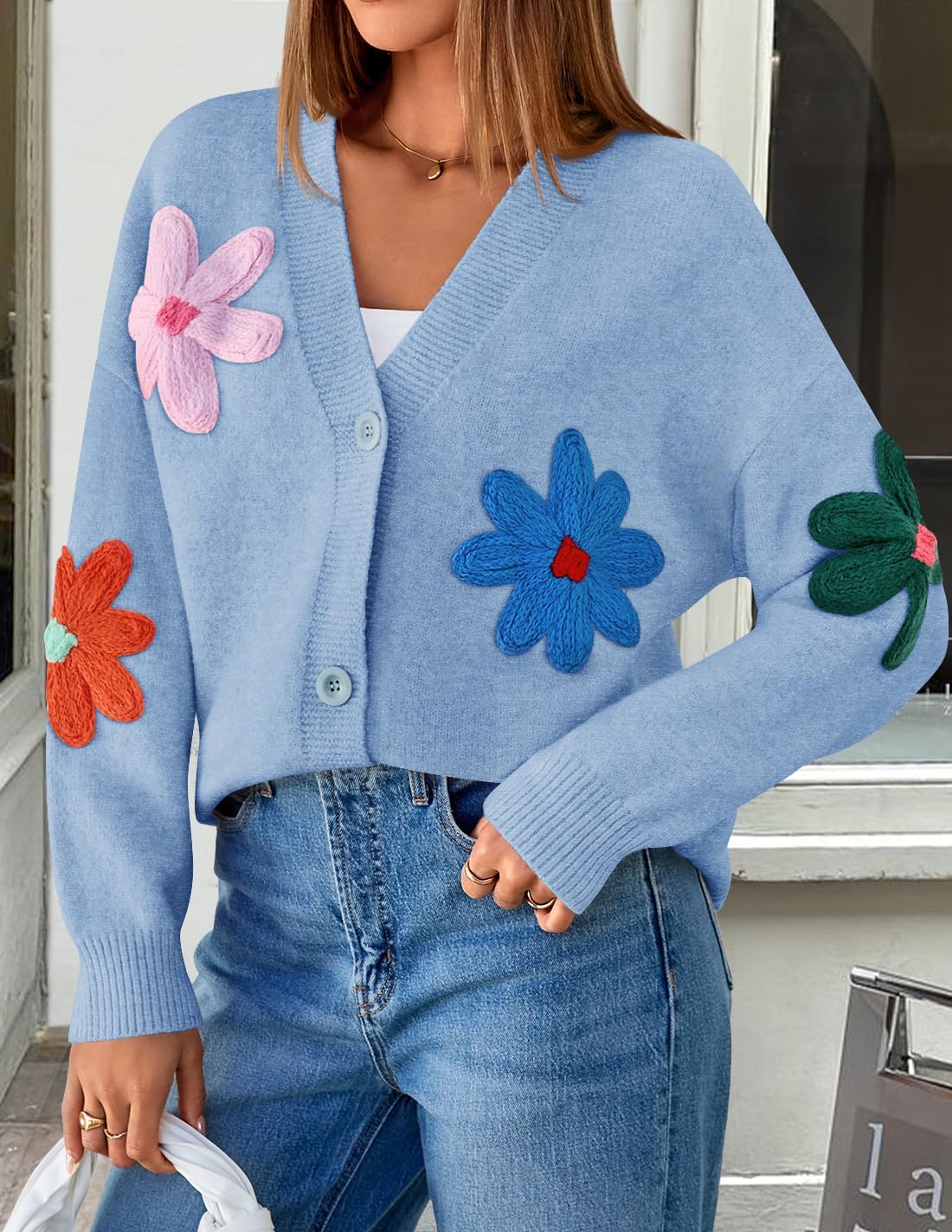 ZESICA Womens 2026 Spring Floral Cardigan Sweaters Casual Long Sleeve Open Front Button Down V Neck Knit Sweater - Image 4