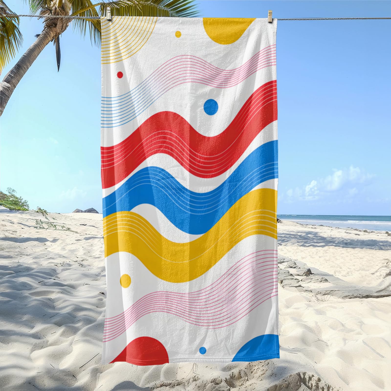 Fouta PlageRouge Jaune Bleu Lignes Épaisses Modèle Surdimensionné avec Diverses Tailles, Respirante et Portable, Parfaite pour Voyages Sorties Piscine et Usage Extérieur Quotidien 90x160 cm