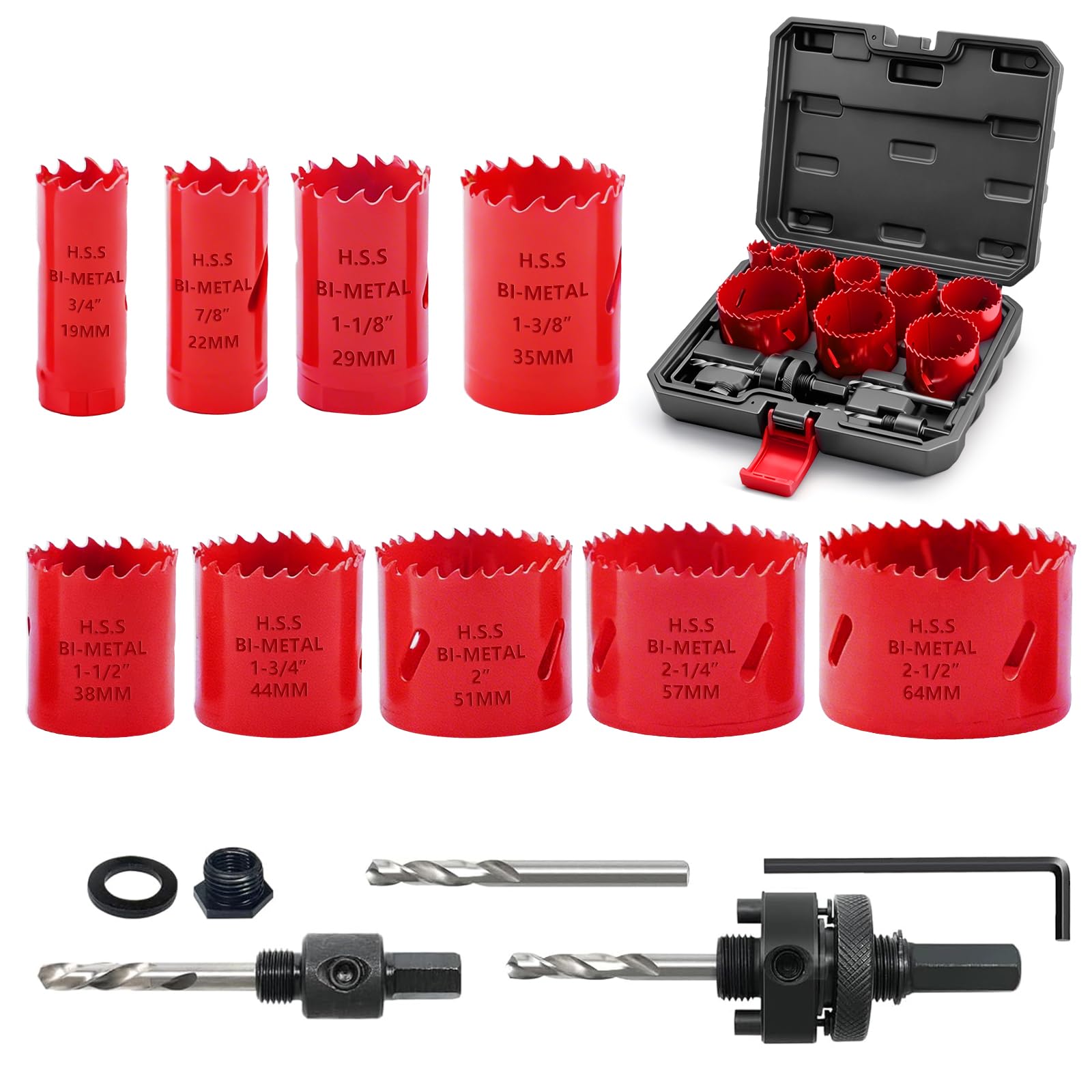 Greywolf Set di 15 pezzi di sega a tazza bimetallica, kit di sega a tazza M3 HSS con lama da 19-64 mm (3/4"-2-1/2"), 9 lame per sega a tazza, con scatola, mandrino, punta per trapano, chiave esagonale