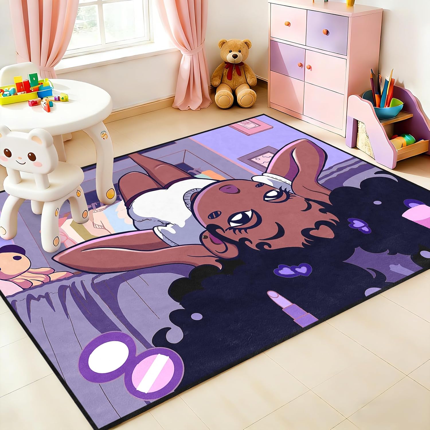 Black Girl Area Rug for Bedroom African Black Girls Floor Rugs for Living Room Playroom Cartoon Art Home Decor Soft Yoga Mats for Women Afro Purple 47" x 31" (2.7 x 3 Feet)